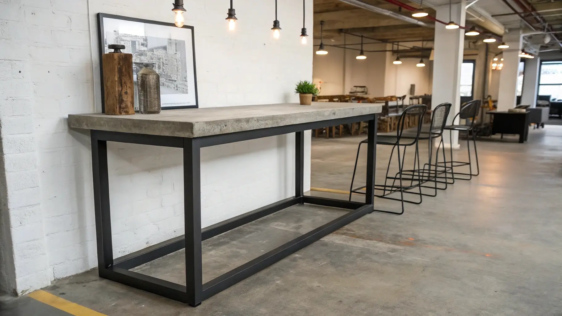 Concrete Top Bar Console with Steel Frame Base