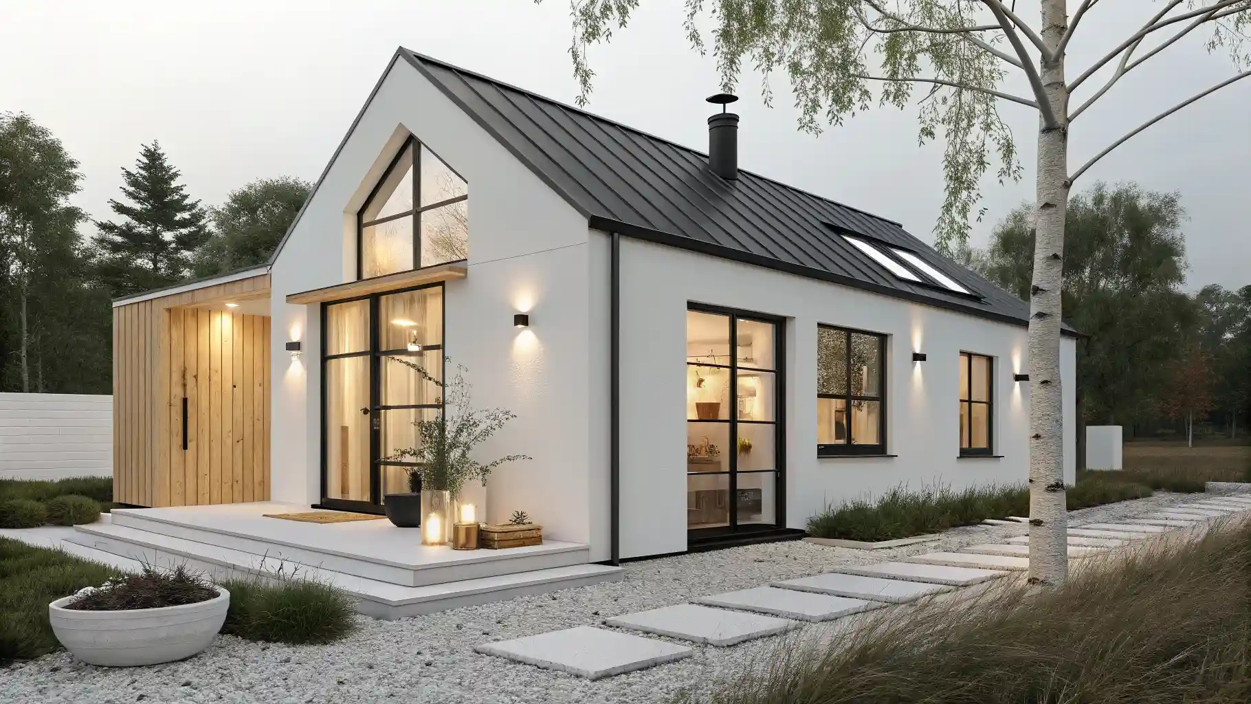 Contemporary Minimalist White Cottage with Wood Accents