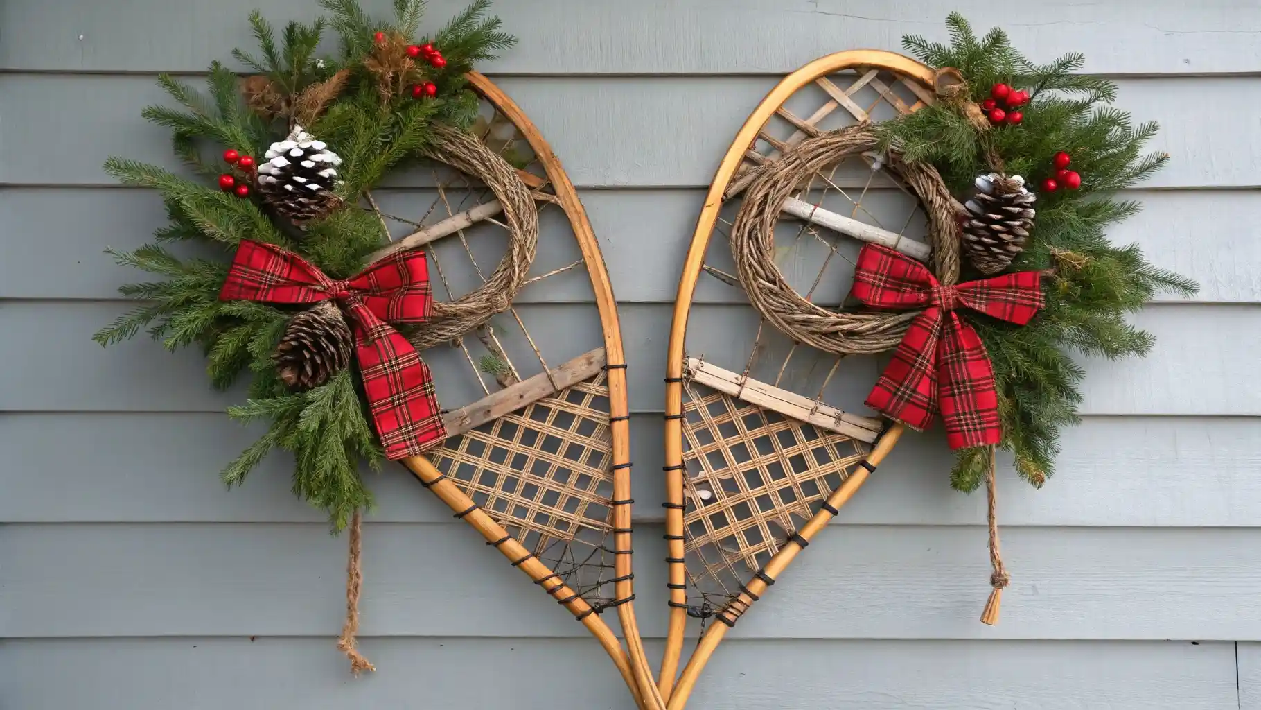 Vintage Snowshoe Wall Display with Tartan Wreaths