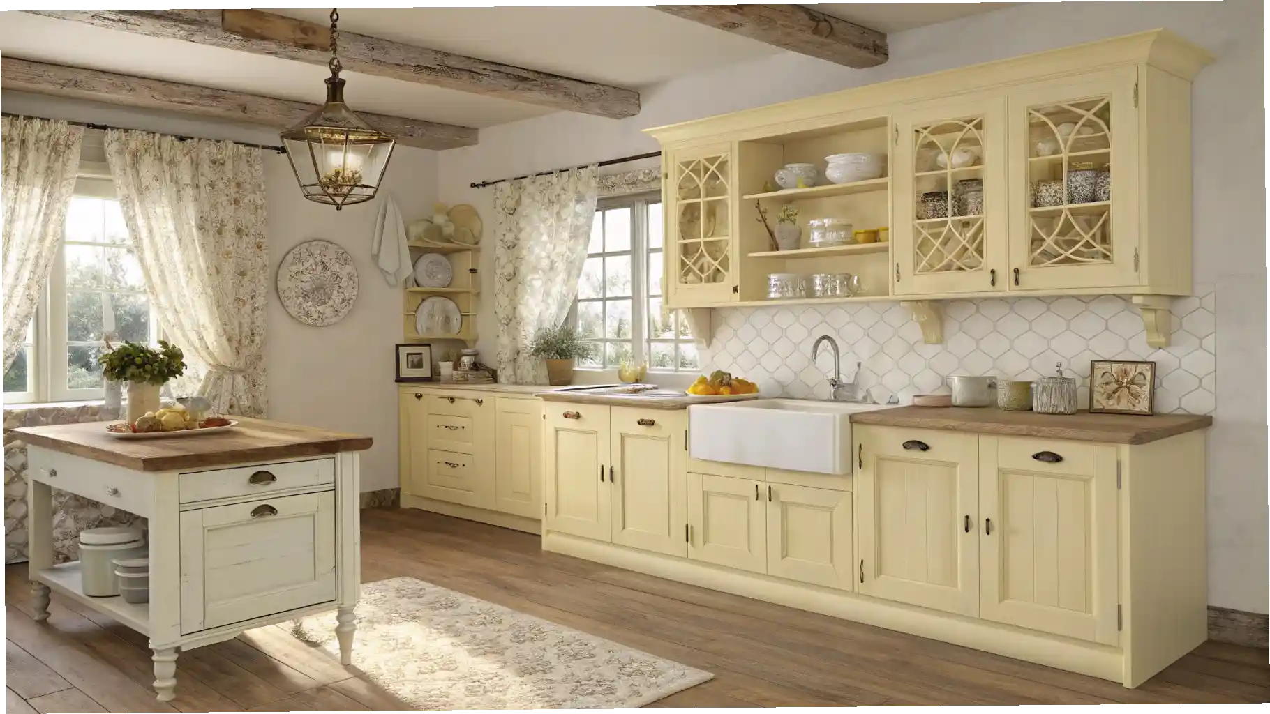 Cottagecore Comfort: Creamy Yellow Cabinets in a Rustic Setting