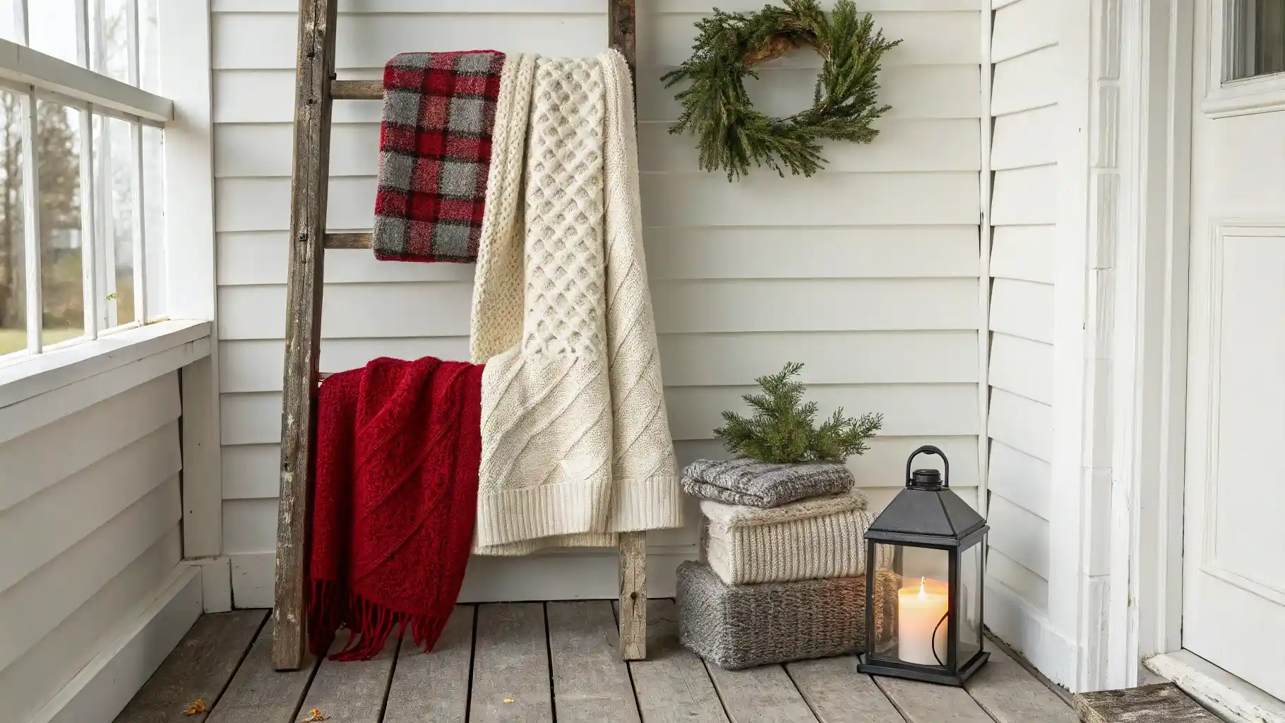 Cozy Blanket Display with Rustic Ladder Storage