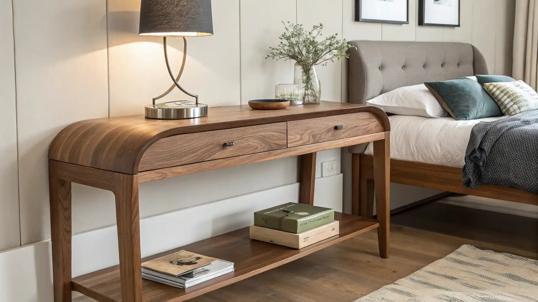 Curved Walnut Console Table with Integrated Storage