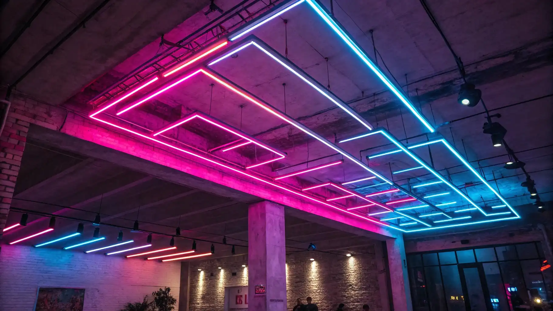 Cyberpunk Neon Ceiling Grid Installation