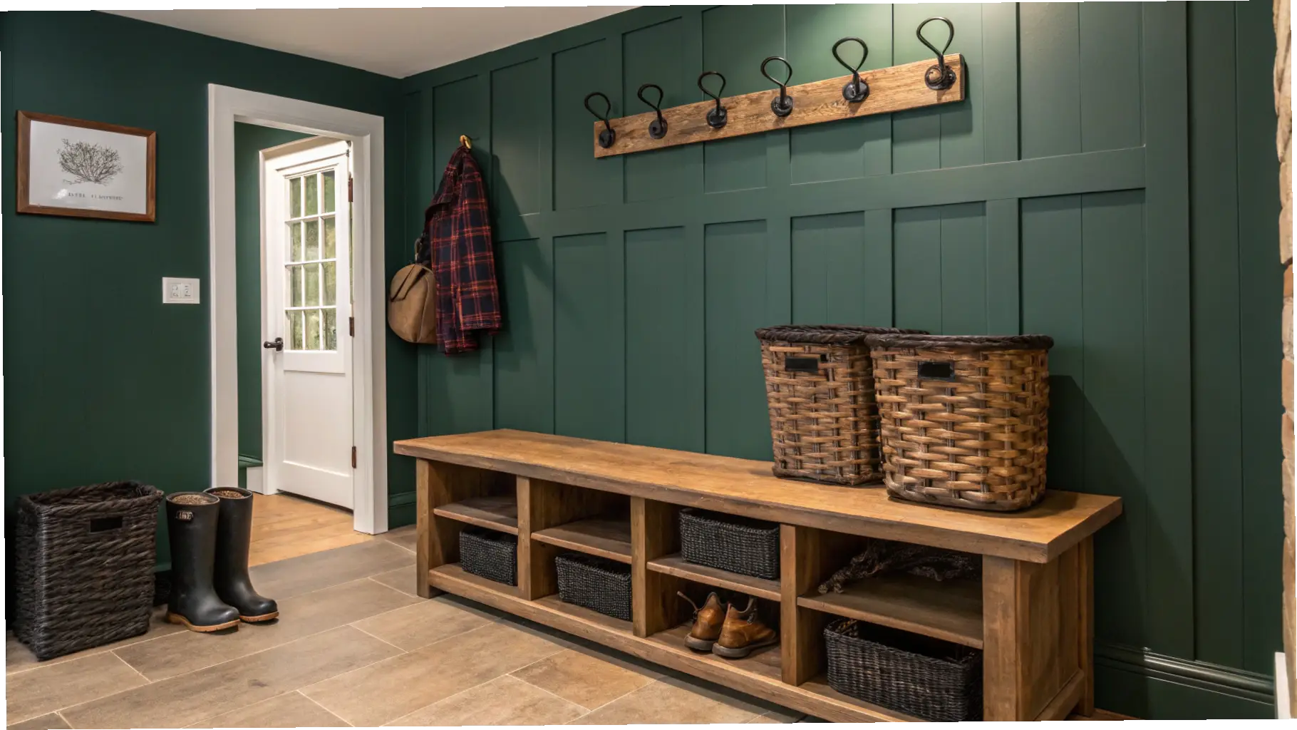 Deep Green Paneling with Storage Bench