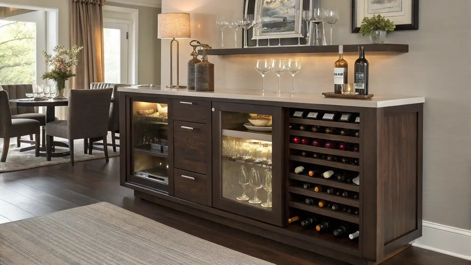 Entertainment Bar Console with Wine Storage and Display Lighting