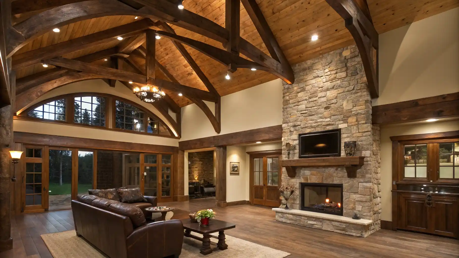 Exposed Truss Ceiling with Wood Plank Infill