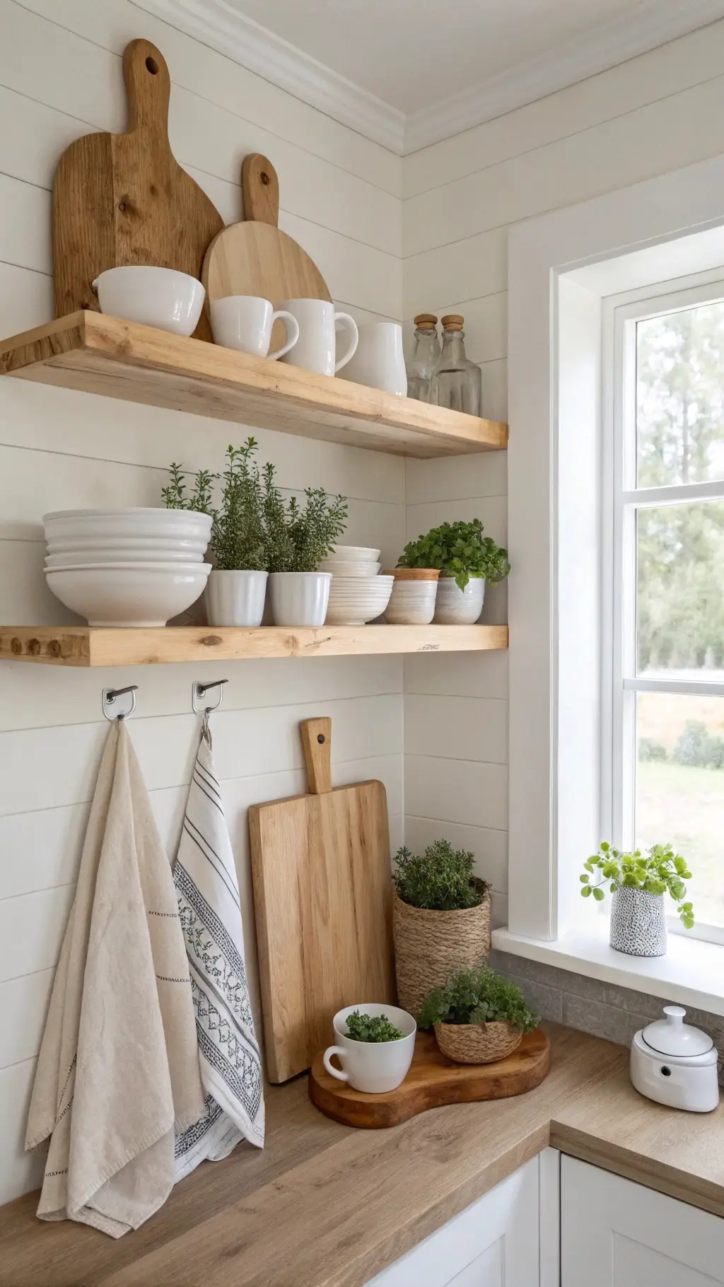 Farmhouse Corner Shelves with Fresh Herb Display
