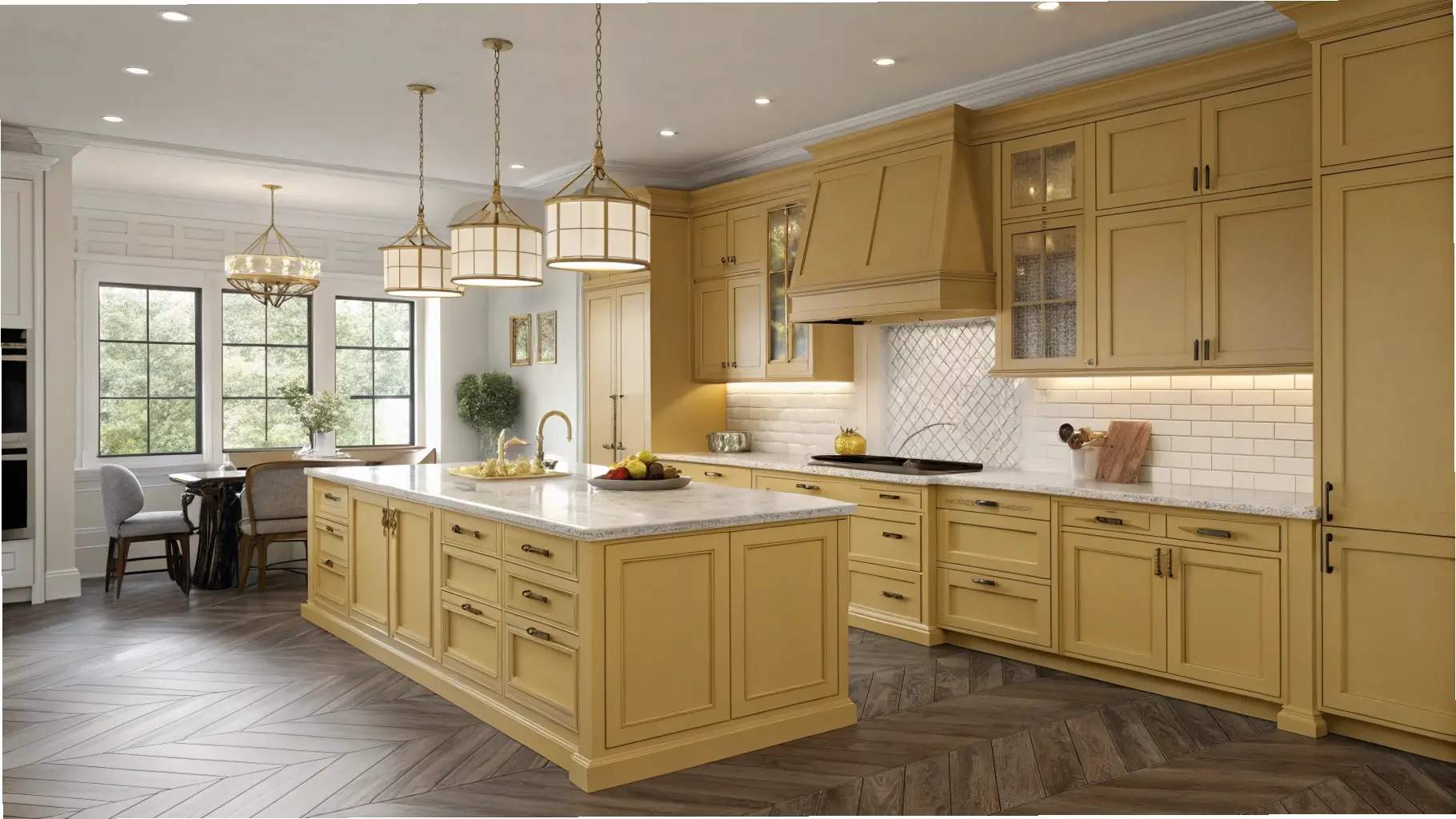 Farmhouse Warmth: Buttery Yellow Cabinets in a Spacious Kitchen