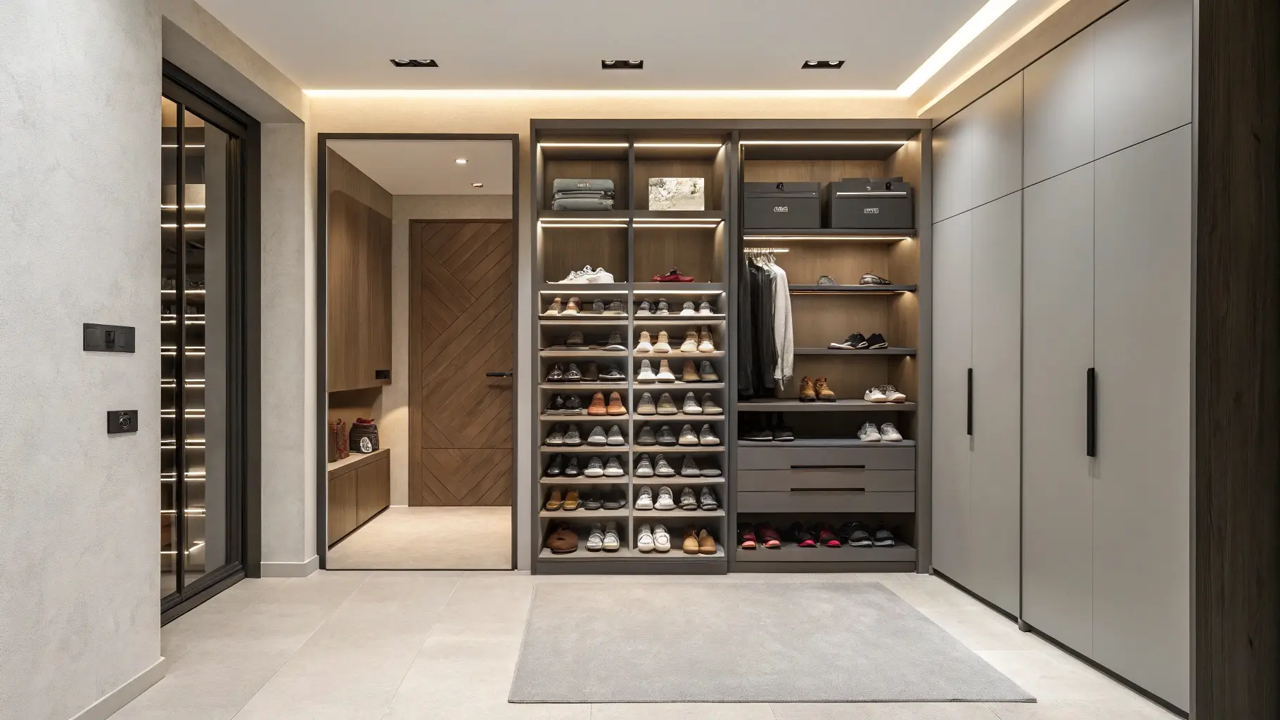 Floor-to-Ceiling Modular Wardrobe with Integrated Shoe Tower