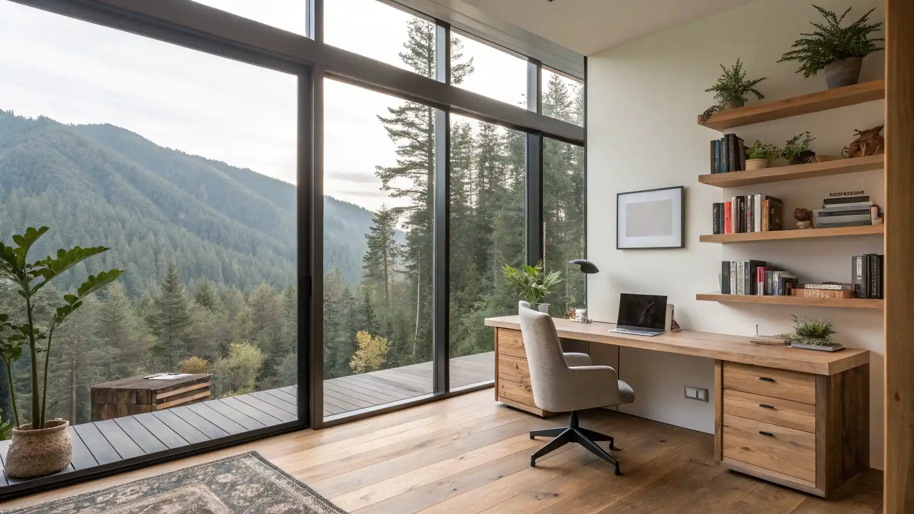 Forest-View Home Office with Floating Shelves