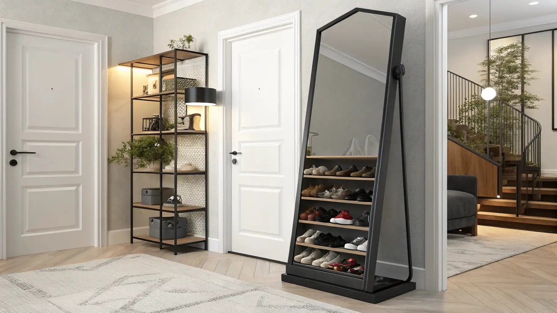 Freestanding Mirror Shoe Cabinet with Angled Display Shelves