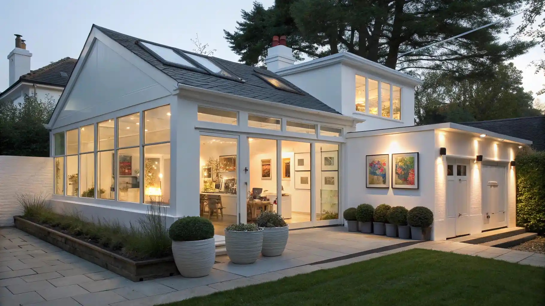 Gallery-Style White Cottage with Floor-to-Ceiling Windows