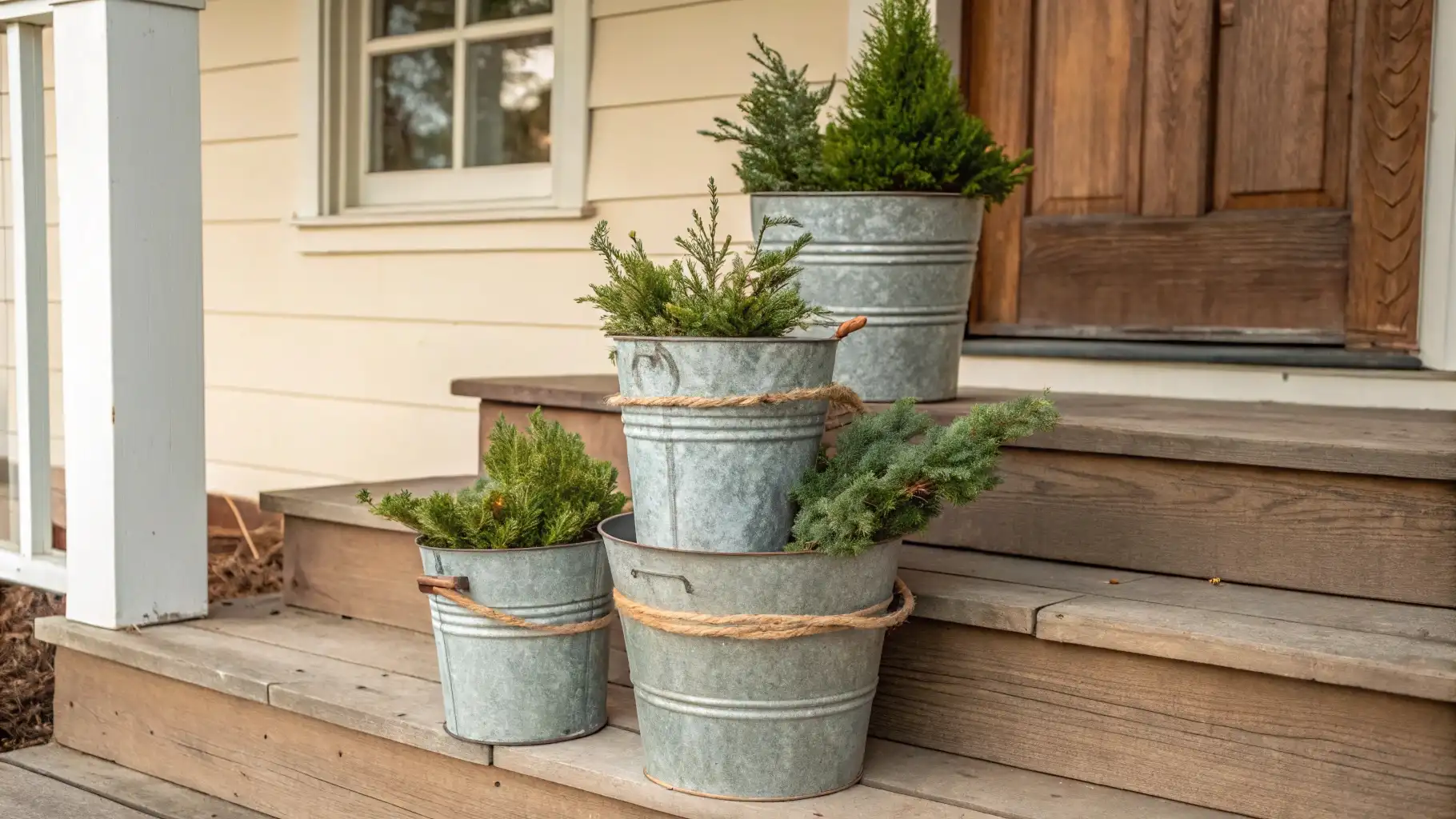Galvanized Bucket Evergreen Planters with Rope Accents