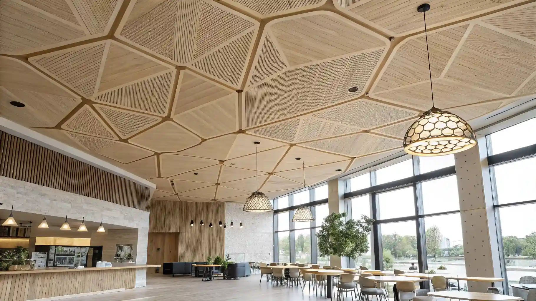 Geometric Coffered Wood Panel Ceiling