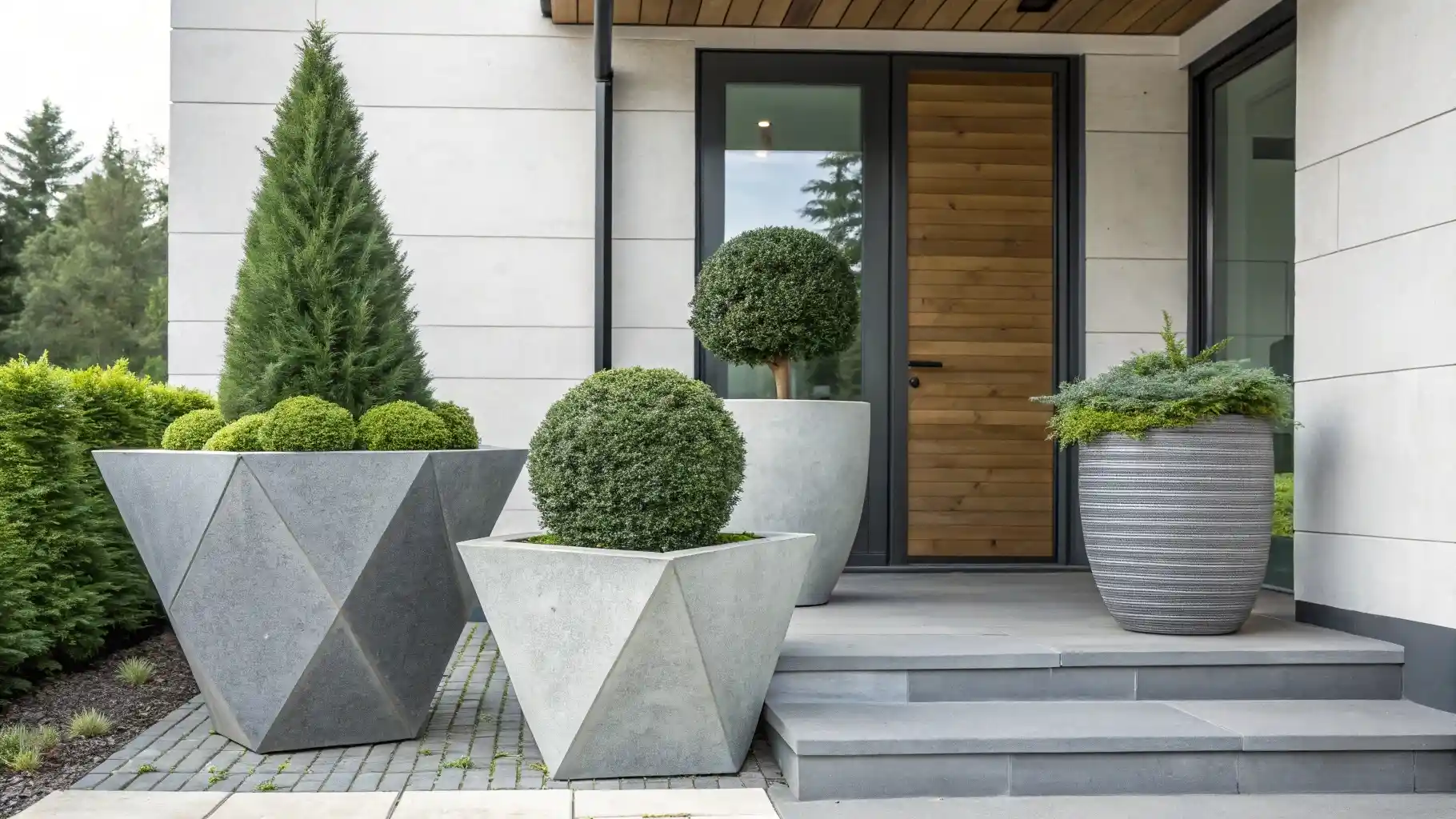 Geometric Concrete Planters with Evergreen Topiary