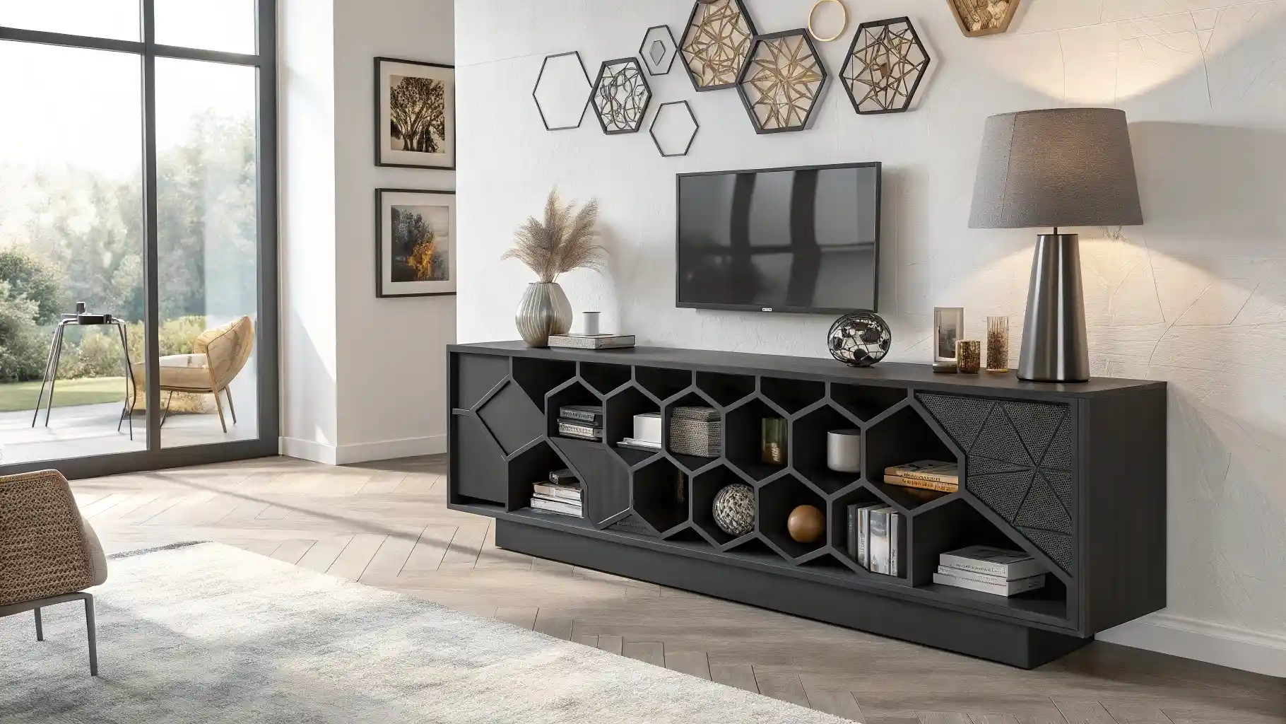 Geometric Honeycomb Media Console with Artistic Storage