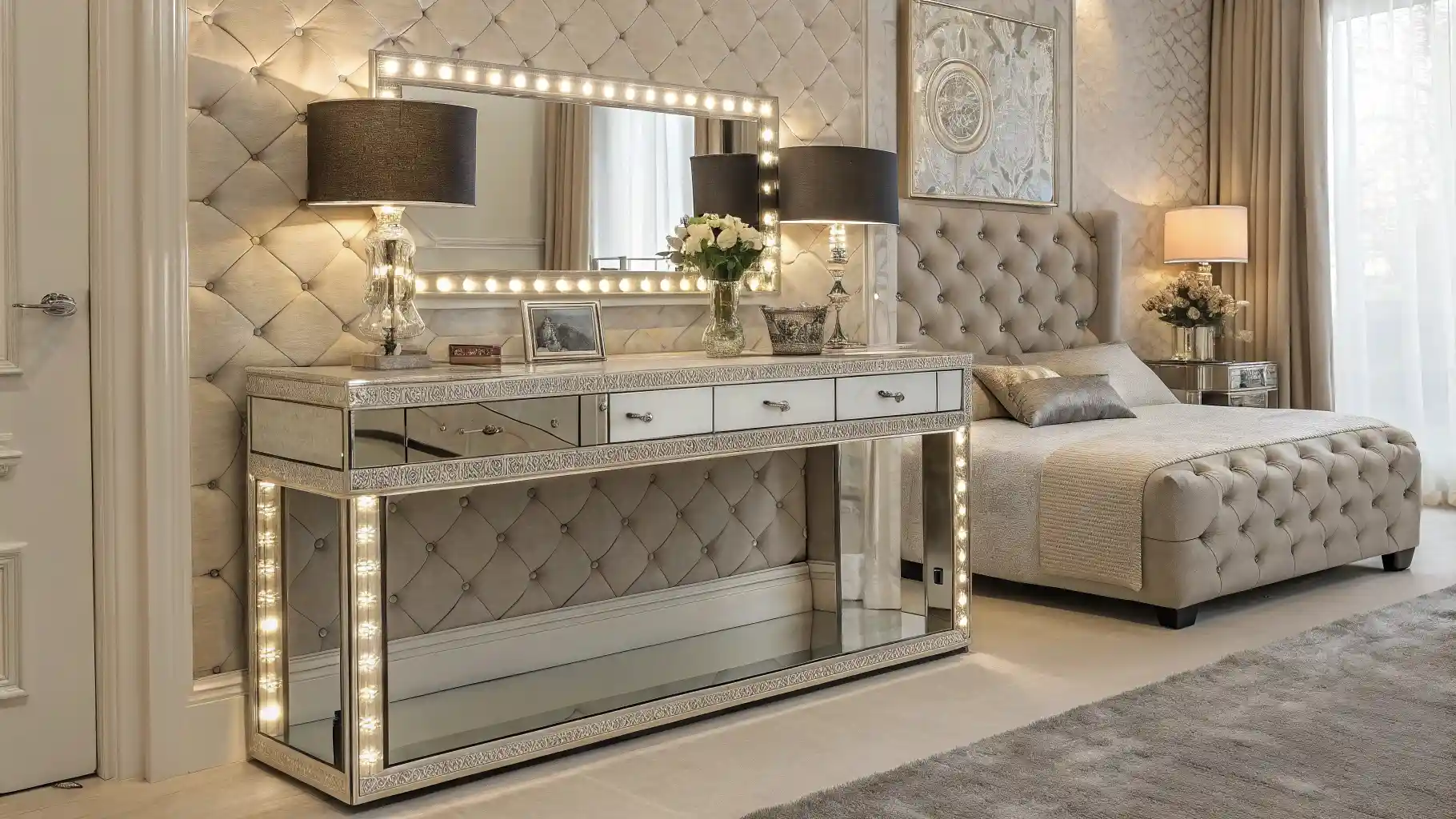 Glamorous Mirrored Console with Hollywood Lighting