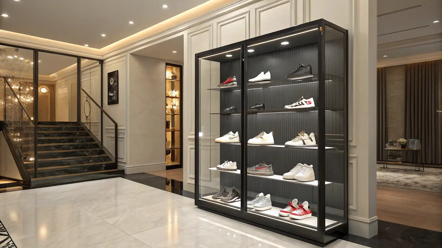 Glass Display Cabinet Shoe Showcase with Museum Lighting