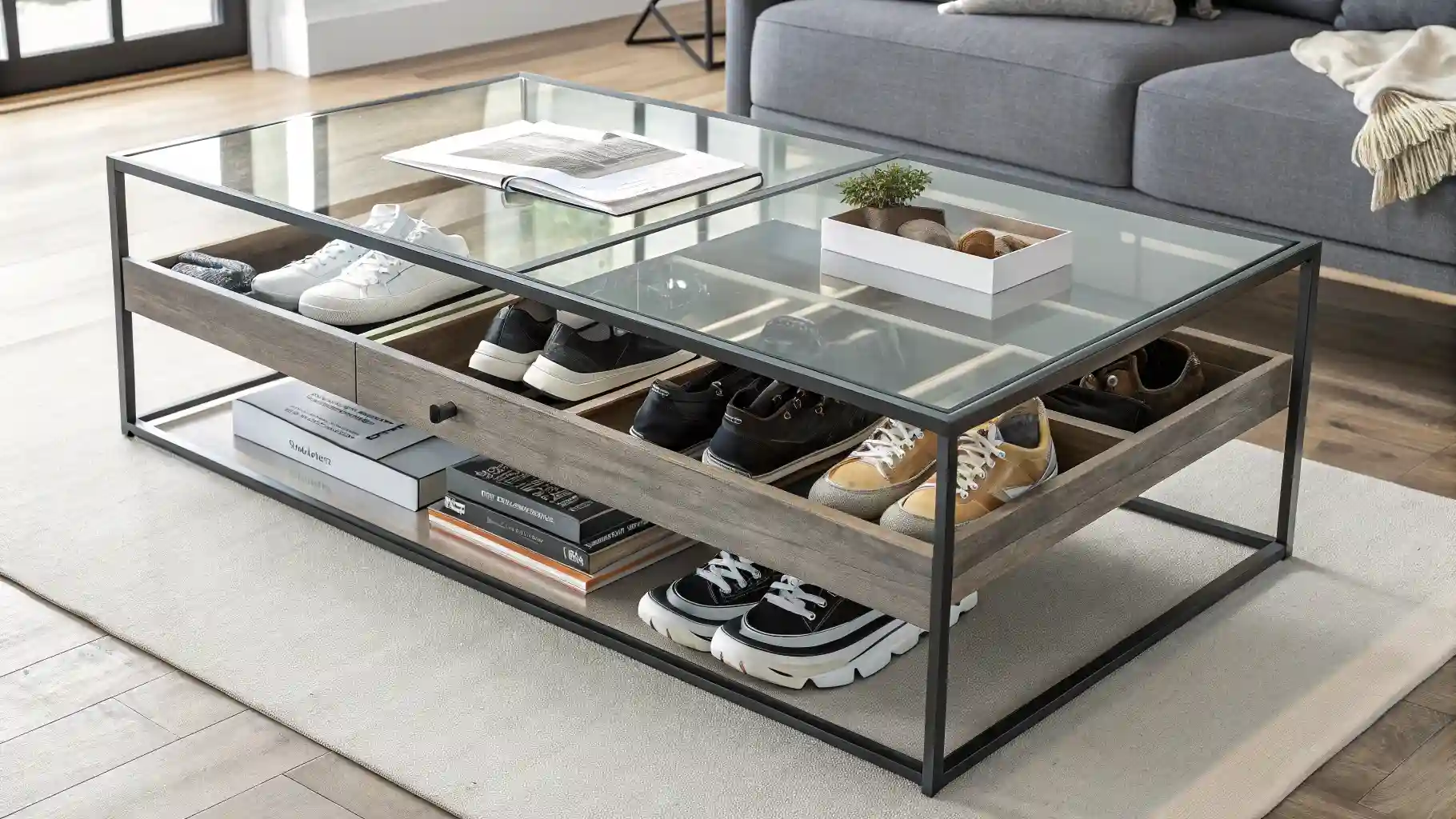 Glass-Top Coffee Table with Built-In Shoe Display Storage