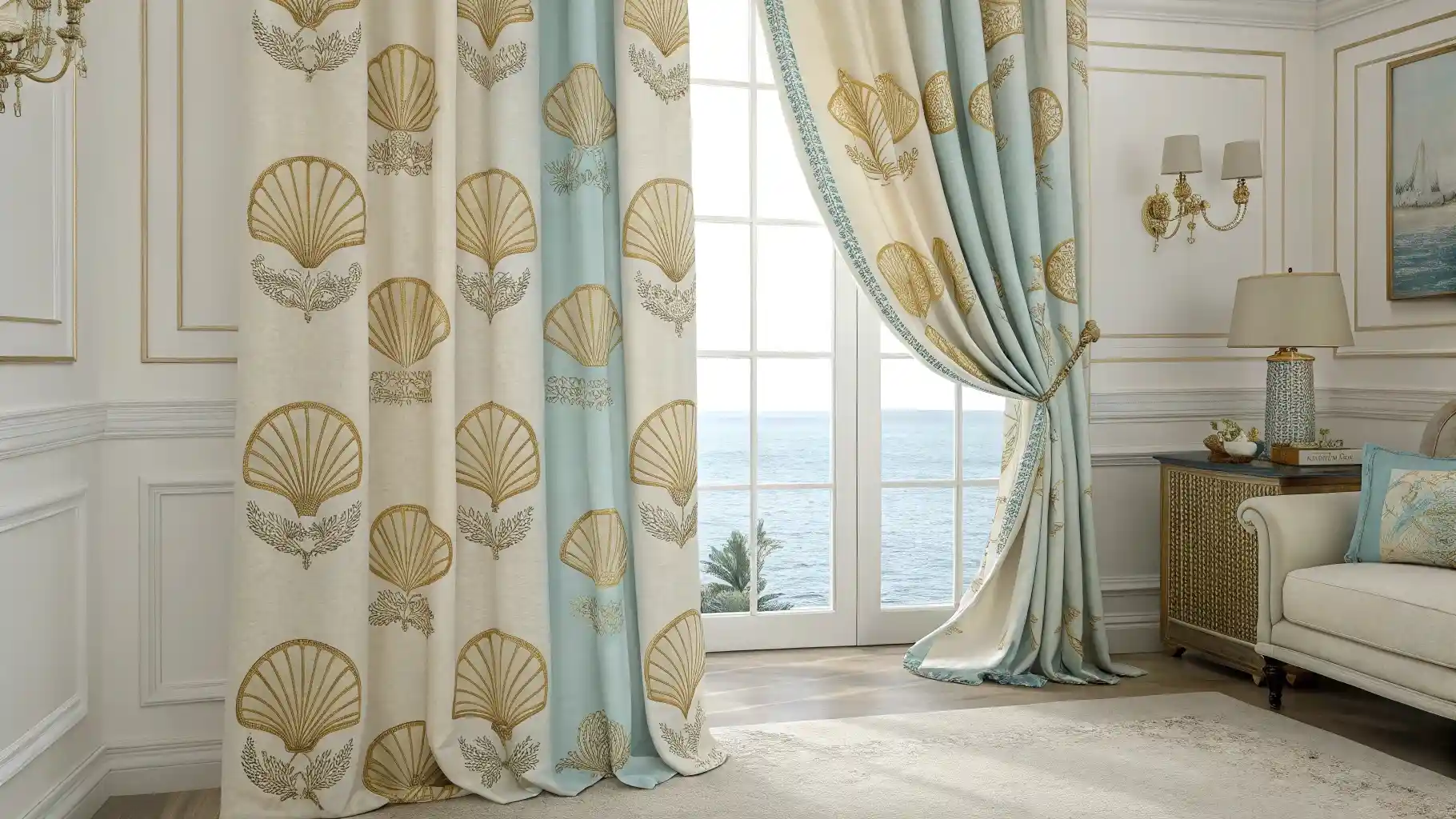 Golden Scallop Shell Damask Curtains