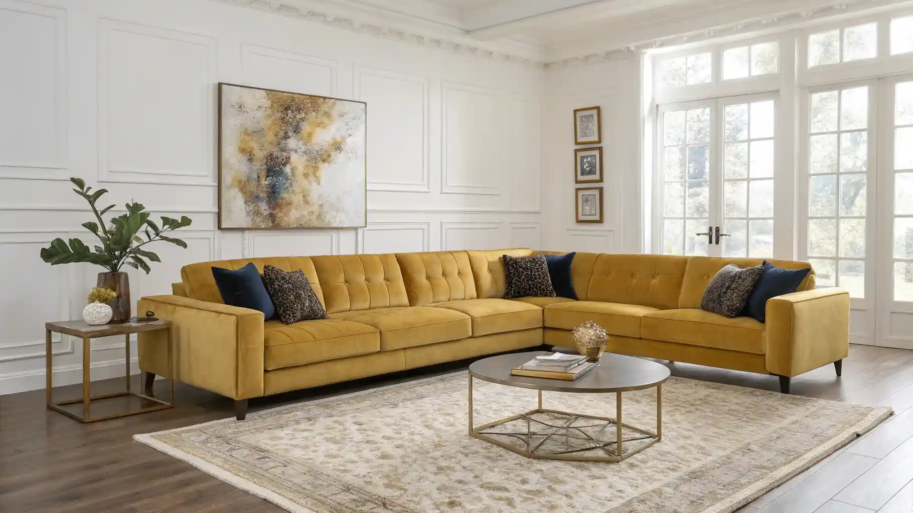 Golden Sectional Sofa as Living Room Centerpiece