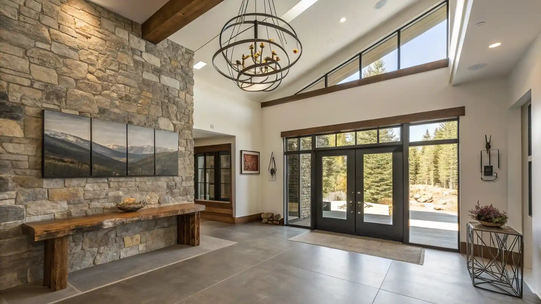 Grand Foyer with Rustic Stone Accent Wall