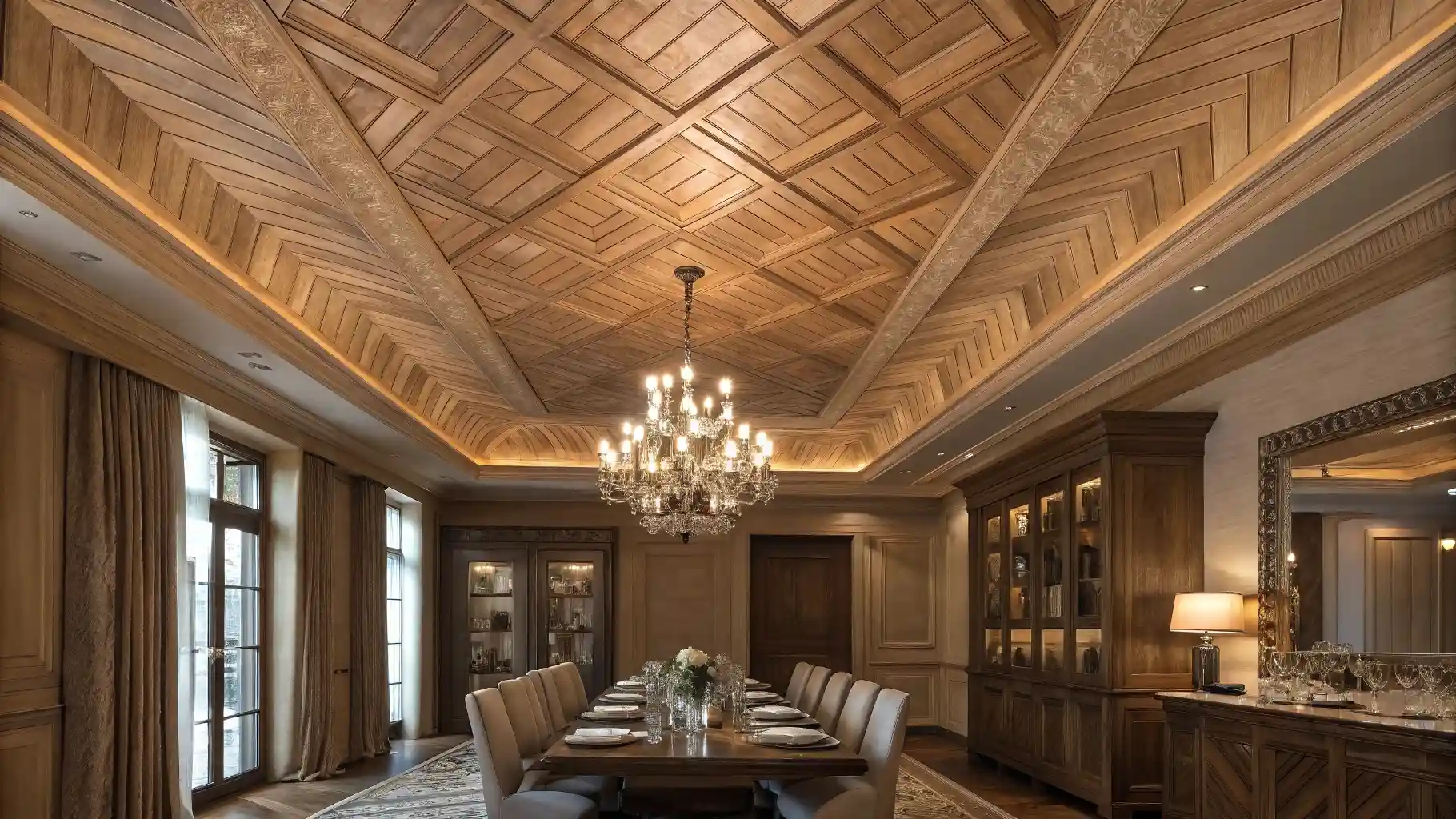 Herringbone Coffered Wood Ceiling with Decorative Beams