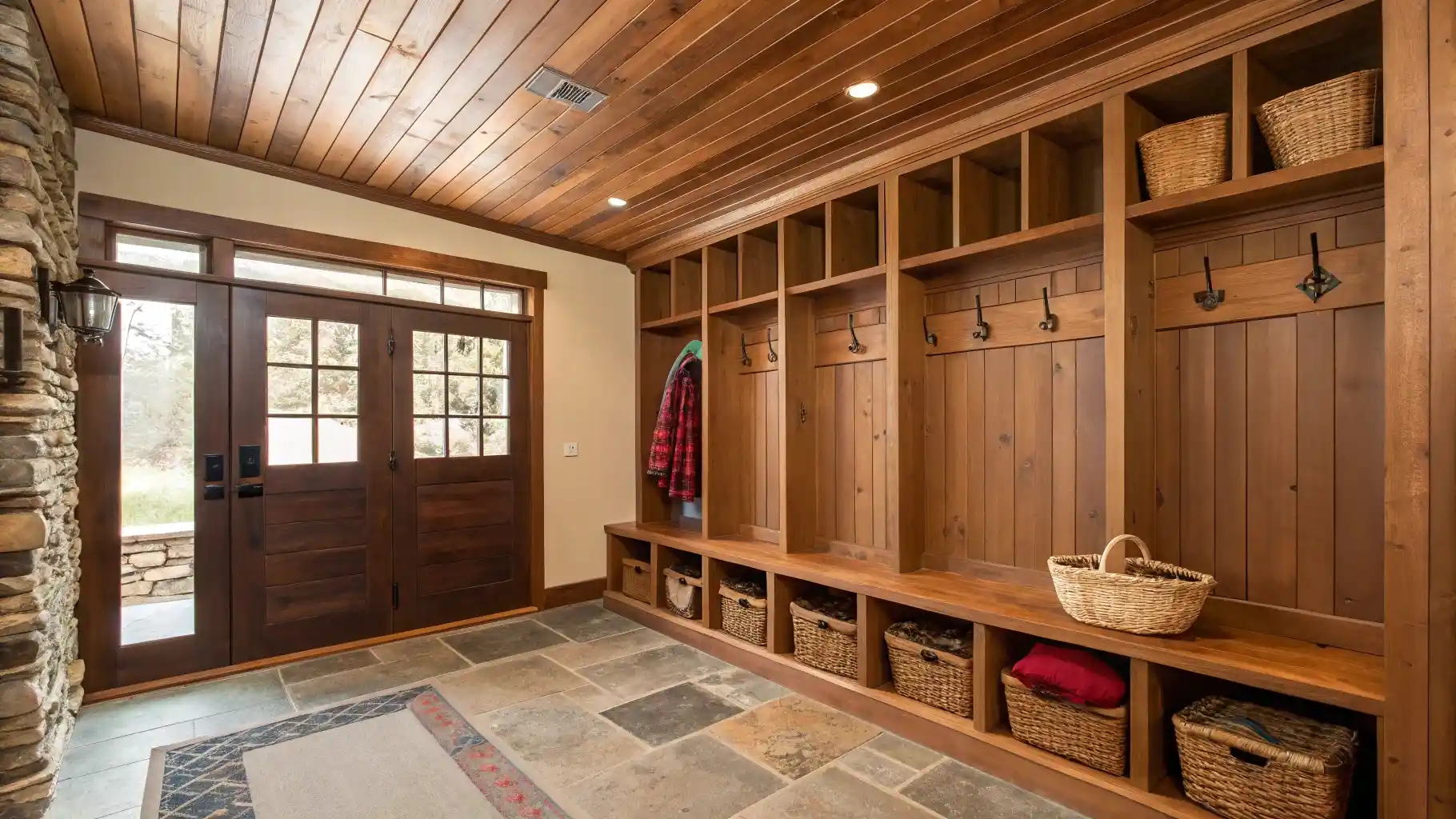 Horizontal Wood Plank Ceiling with Exposed Joists