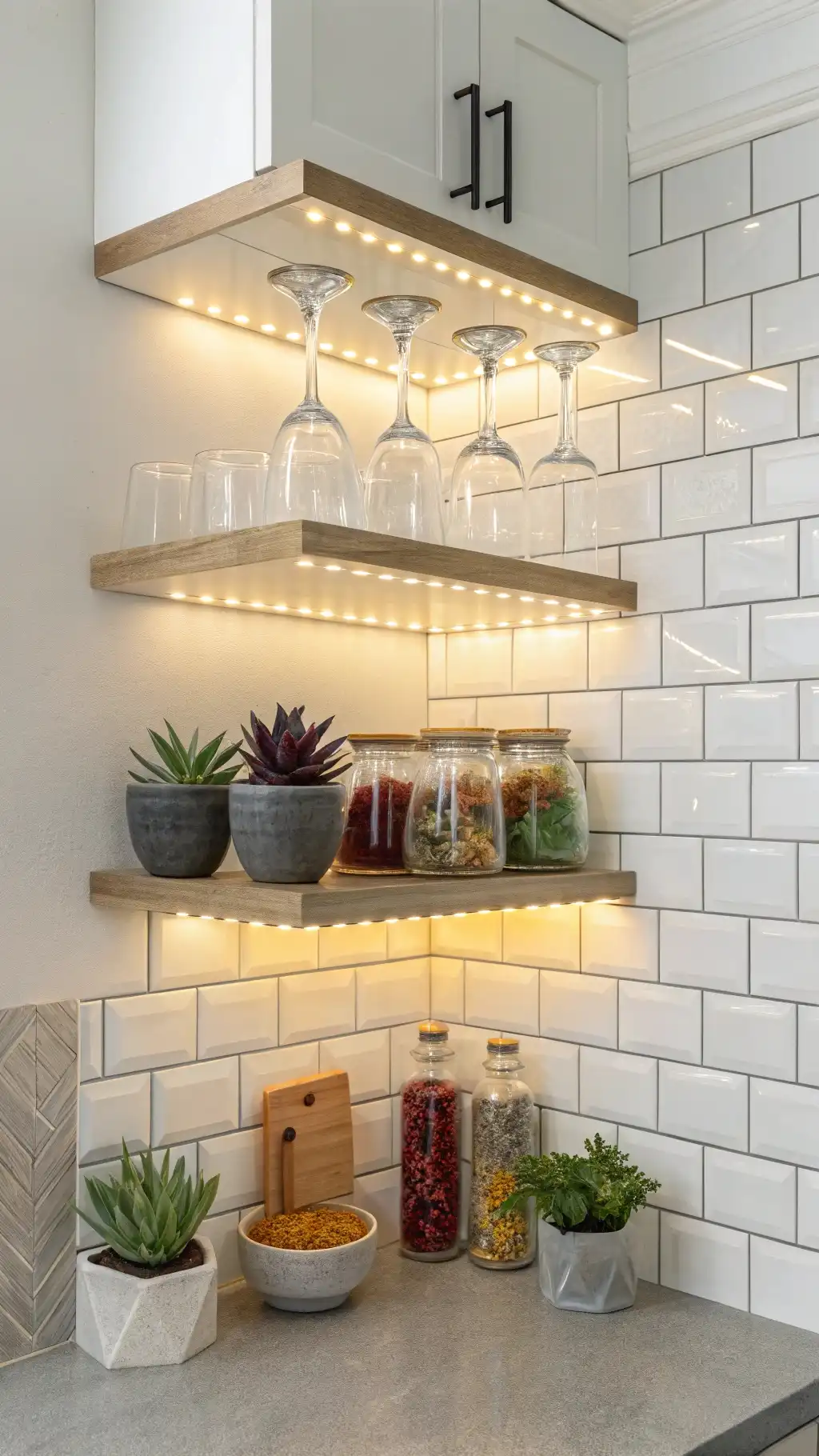 Illuminated Floating Corner Shelves with Glassware Display
