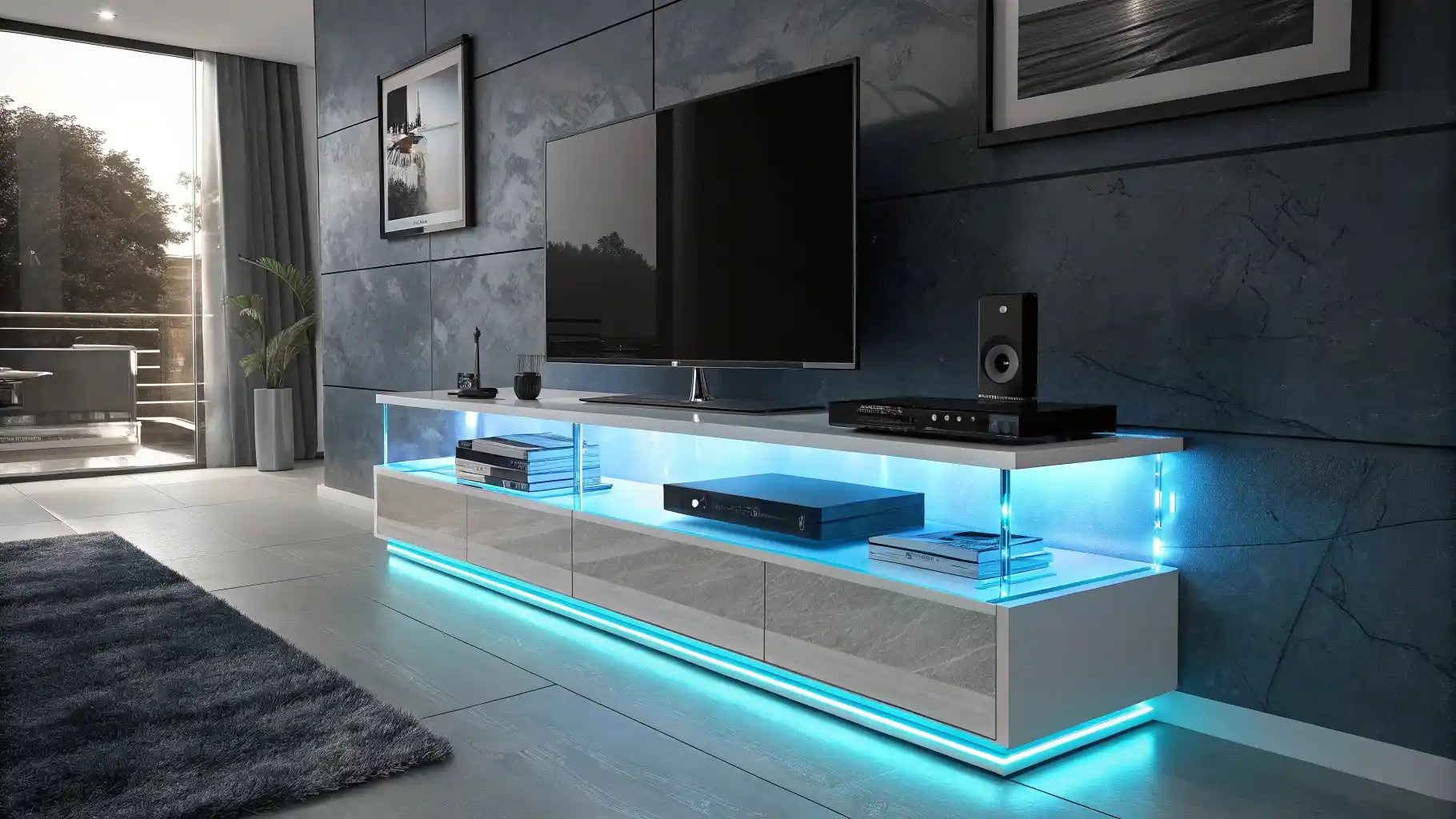 Illuminated Glass Media Console with Ambient LED Lighting