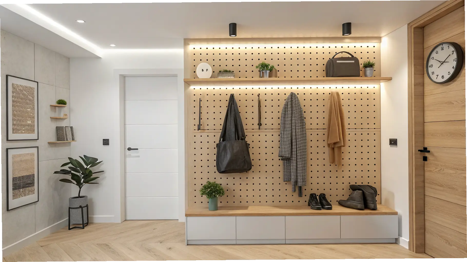 Illuminated Pegboard with Bench Storage