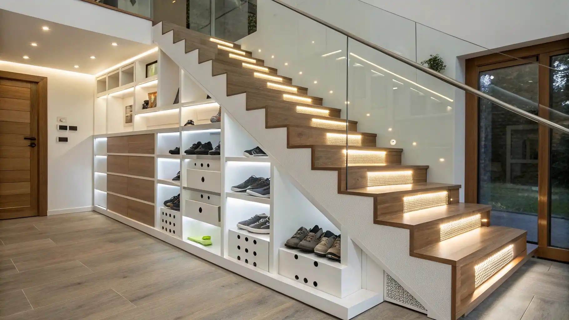 Illuminated Under-Stair Storage System with Glass Railing