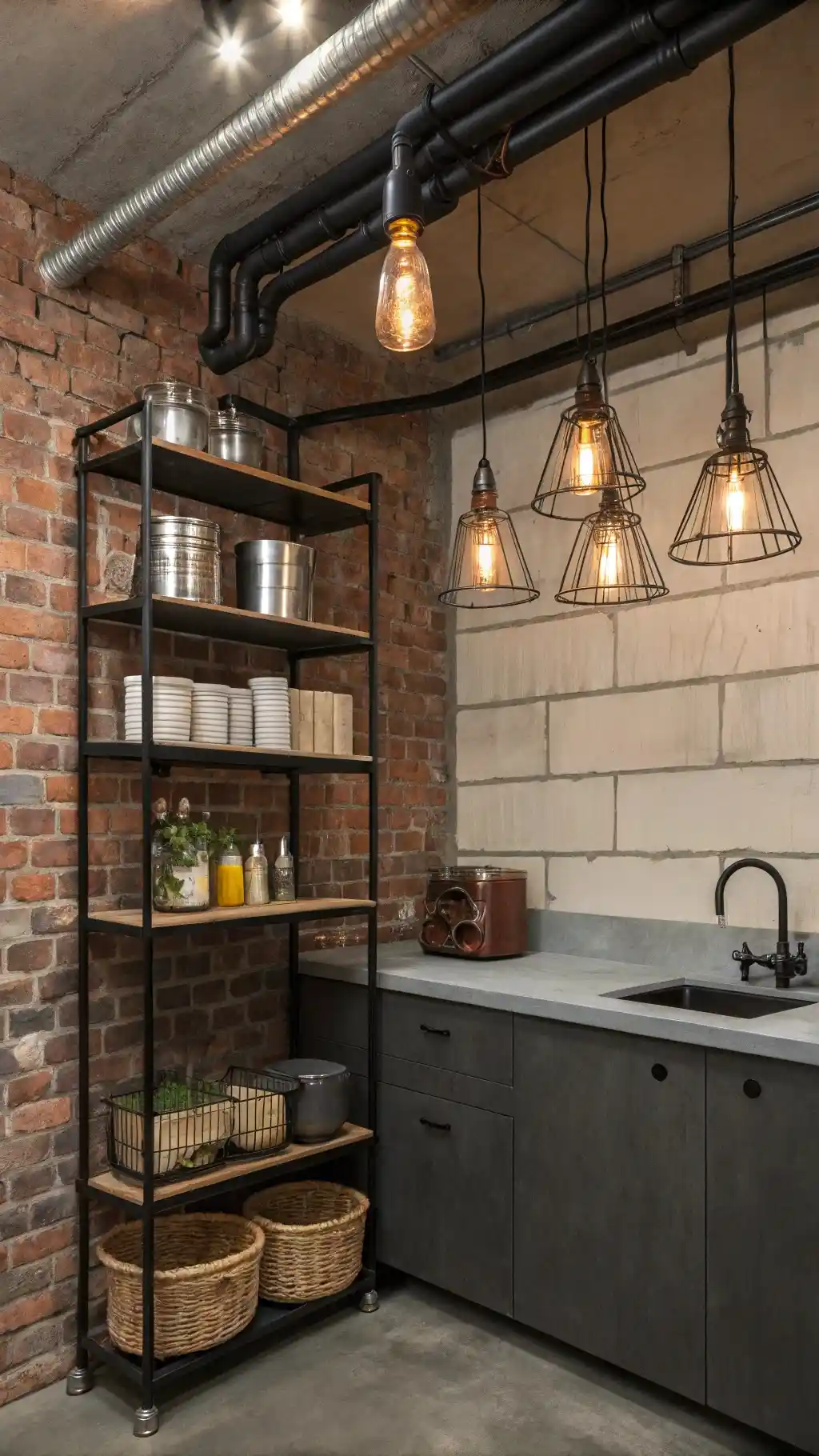 Industrial Corner Shelving Unit with Pendant Lighting