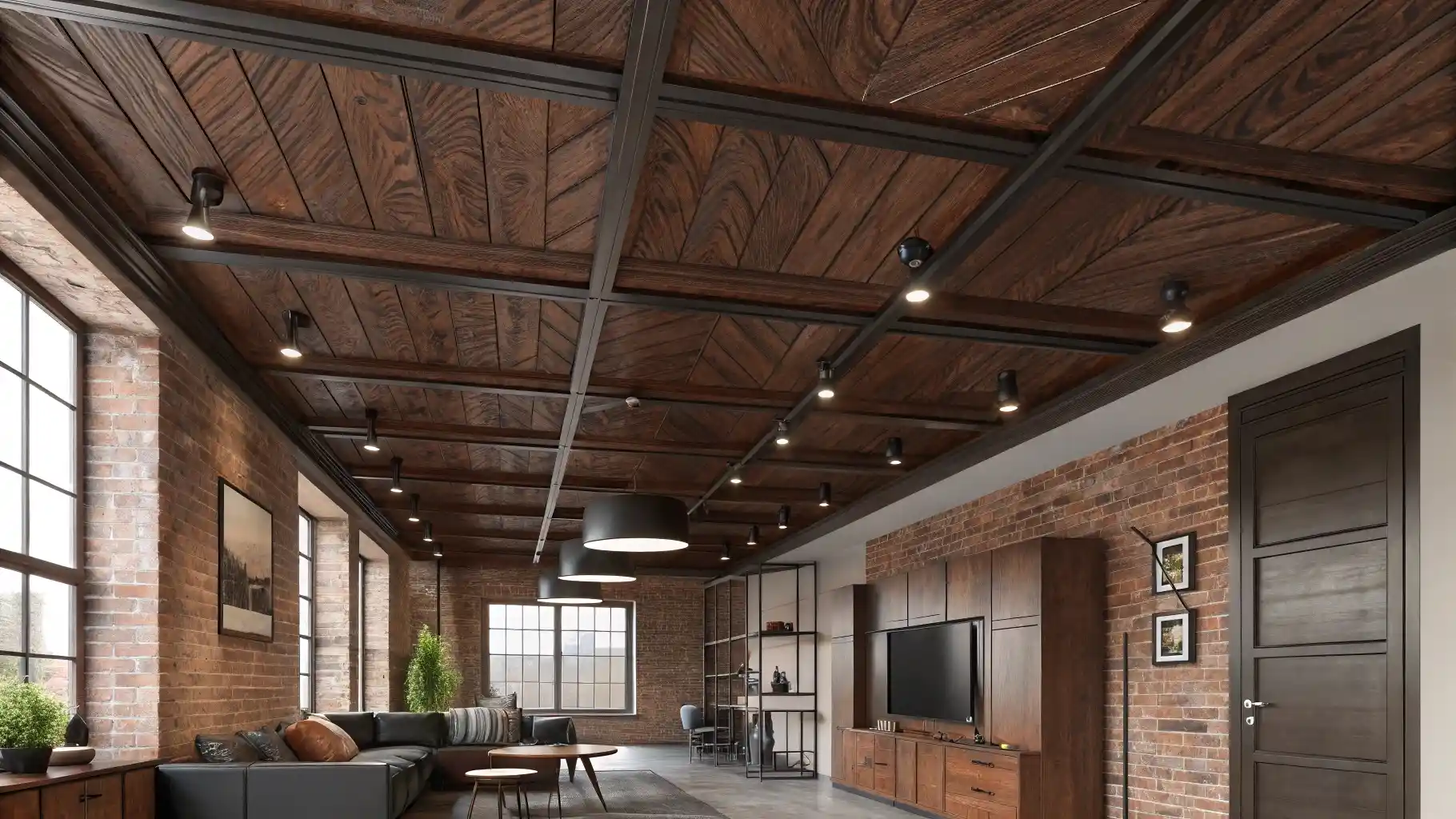 Industrial Grid Herringbone Wood Ceiling