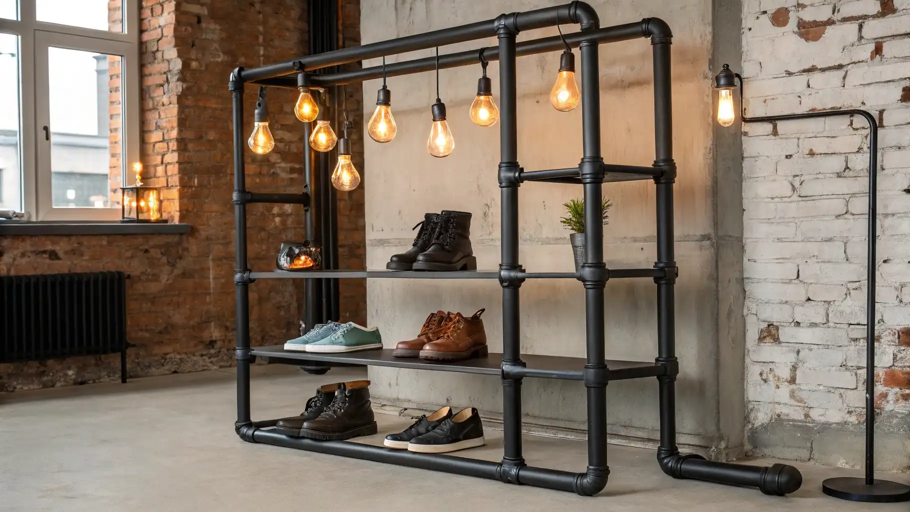 Industrial Pipe Shoe Rack with Edison Bulb Chandelier