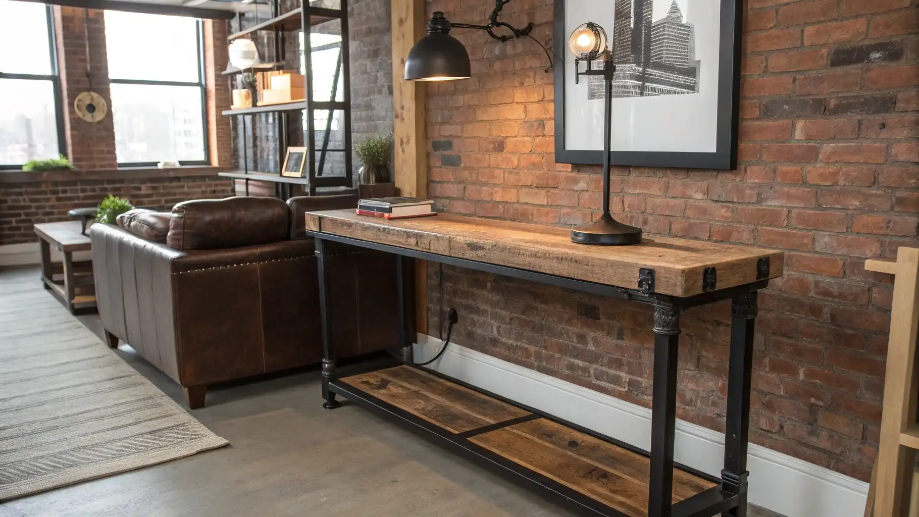 Industrial Reclaimed Wood Console with Metal Pipe Frame