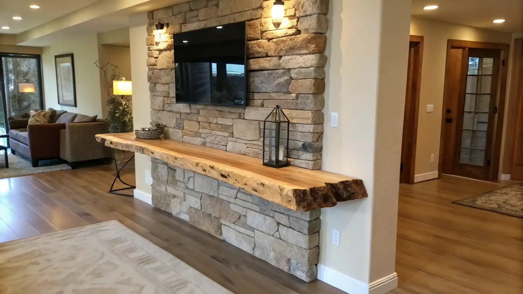 Live Edge Wood Mantel Console with Stone Base