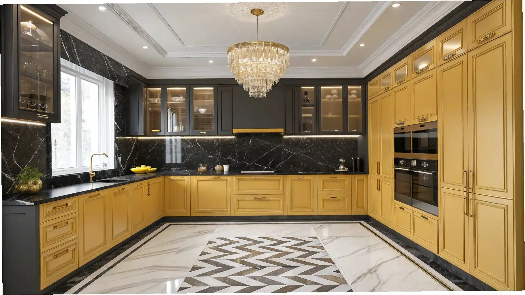 Luxurious Contrast: Golden Yellow Cabinets with Dark Accents