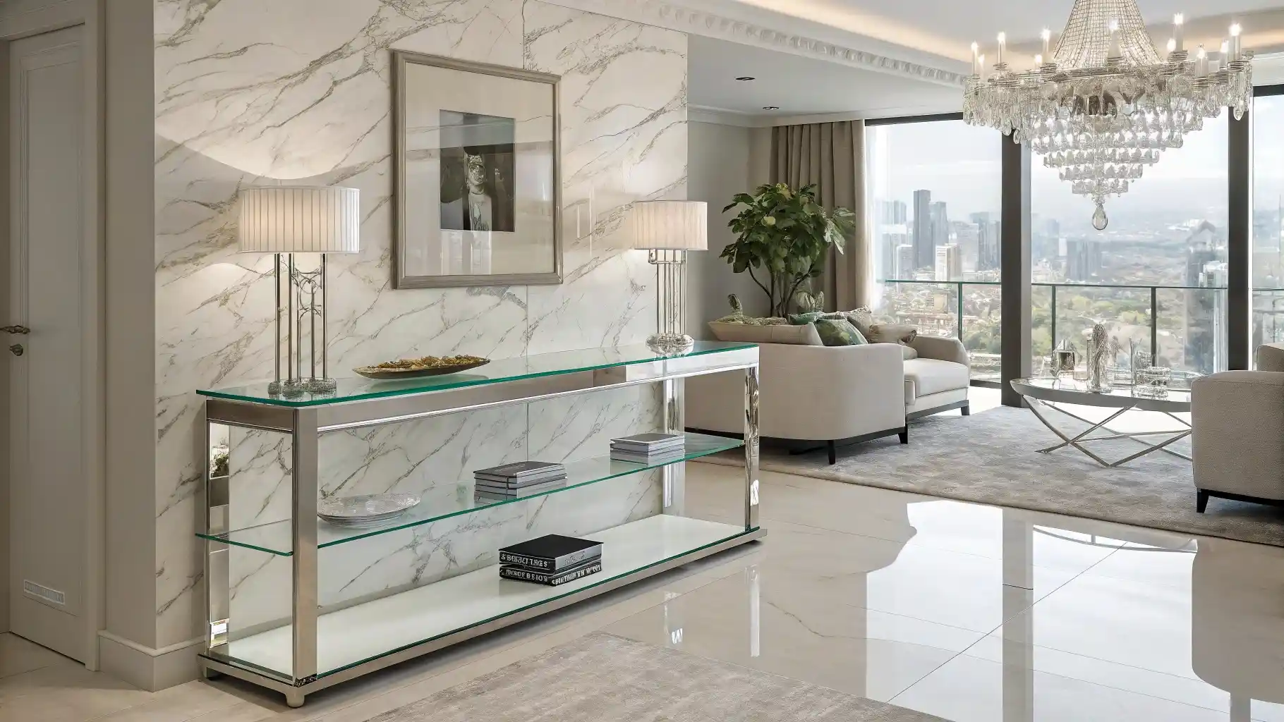 Luxurious Glass and Chrome Console with Multi-Tier Display