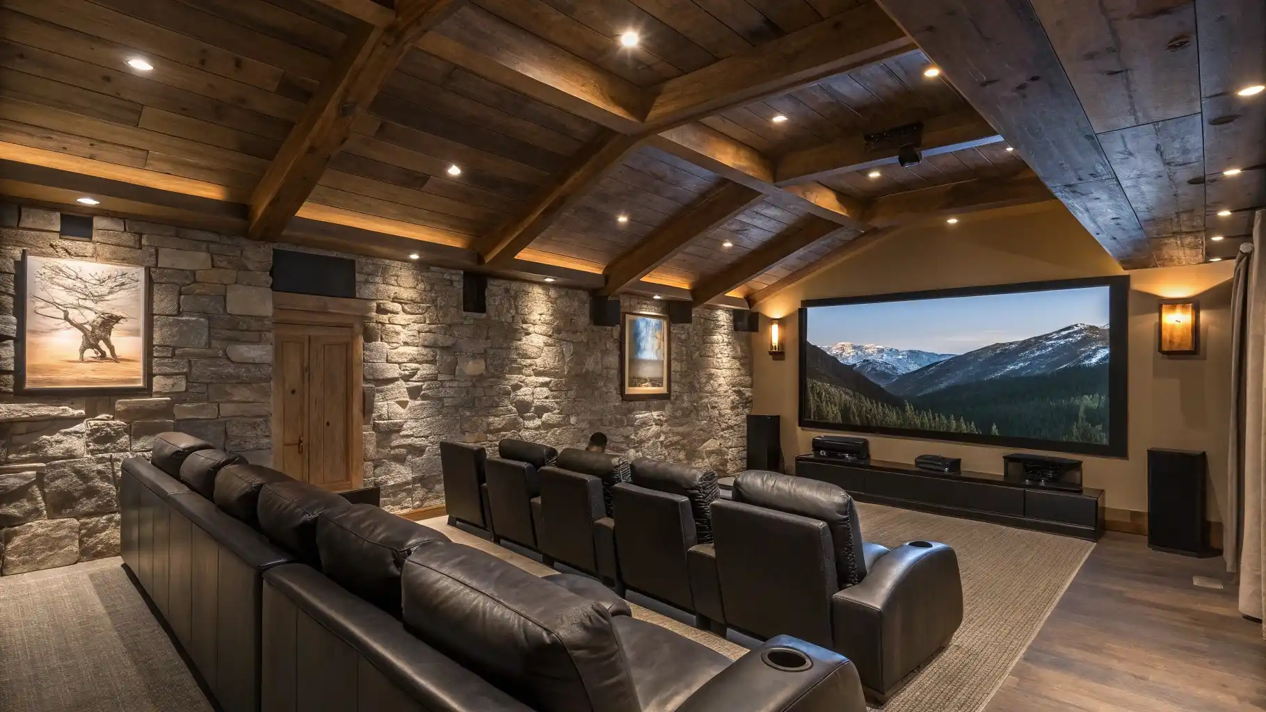 Luxury Home Theater with Rustic Stone Architecture