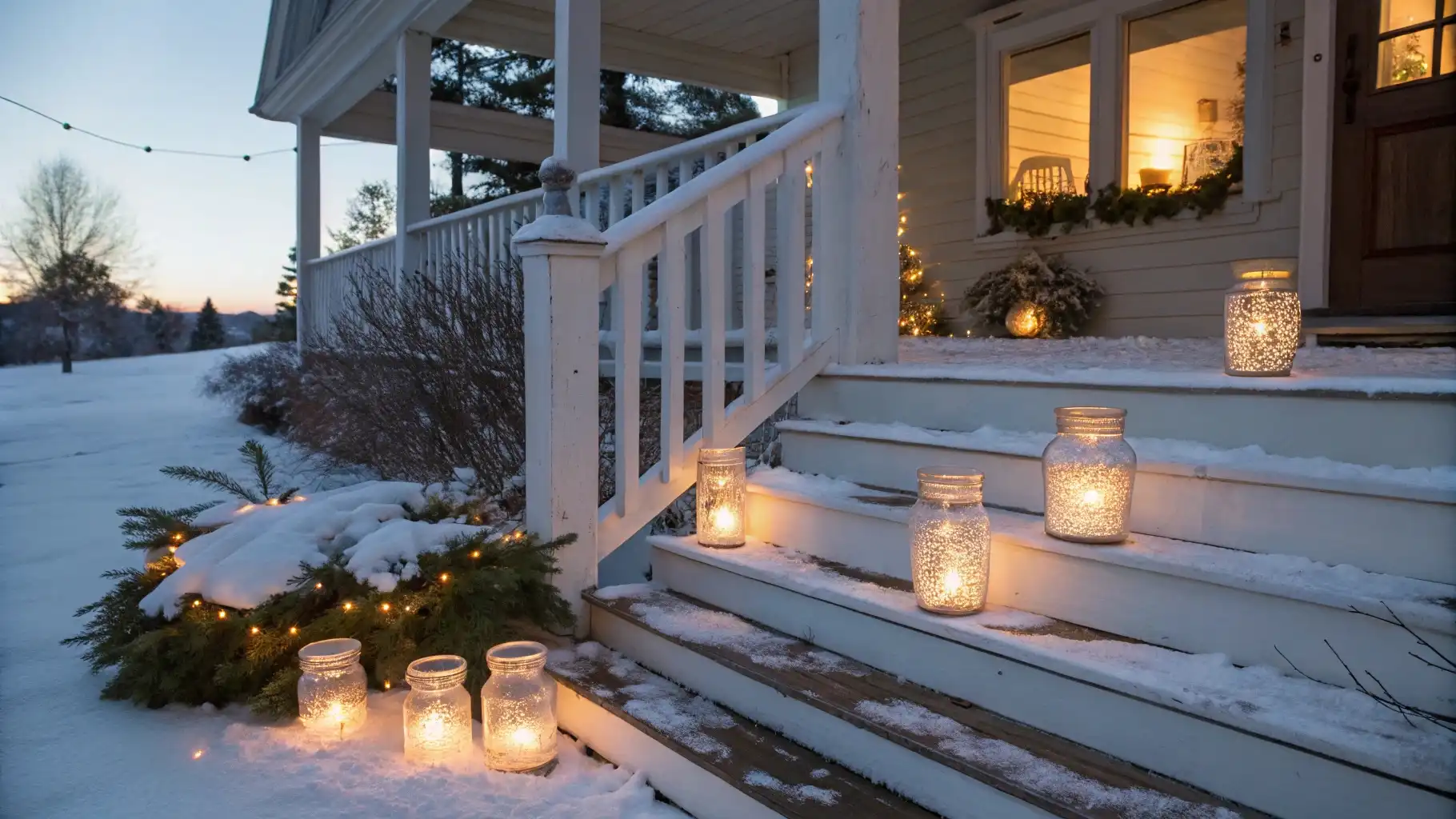Mason Jar Luminaries with Evergreen Garlands