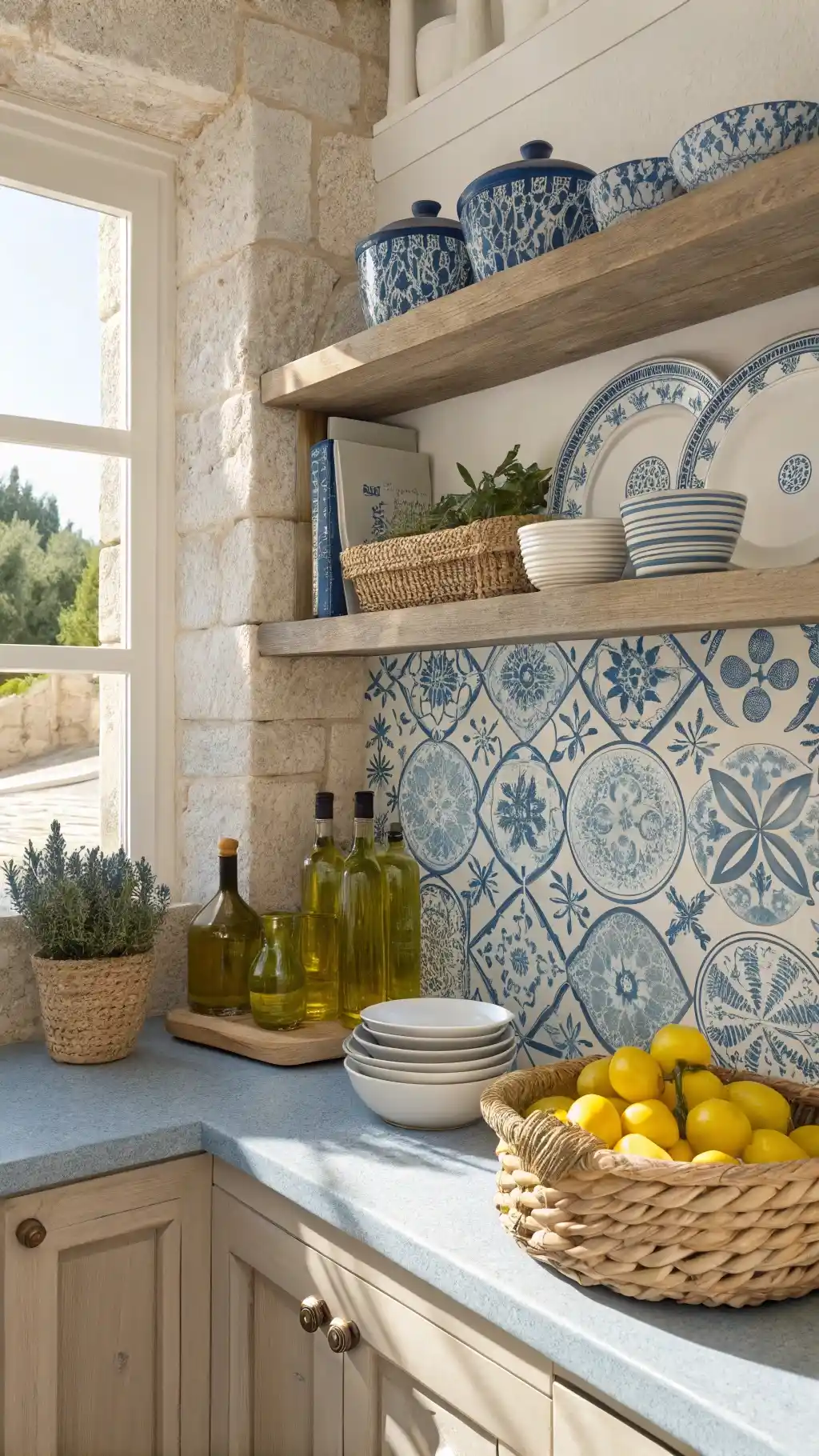 Mediterranean Corner Shelving with Blue and White Ceramics