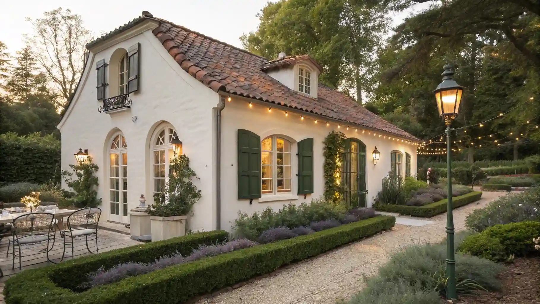 Mediterranean-Inspired White Cottage with Clay Tile Roof