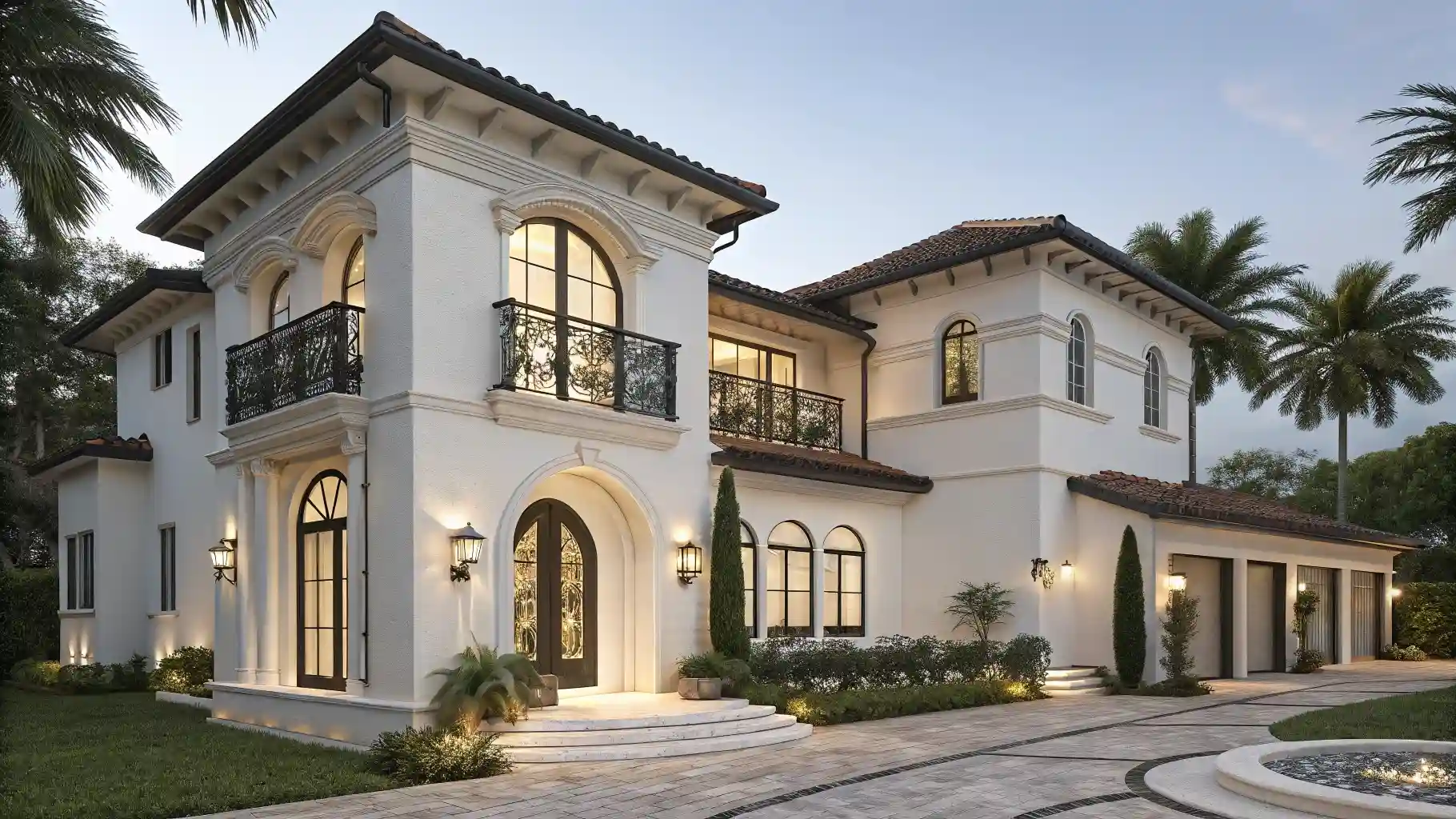 Mediterranean Revival with Bold Black Window Accents