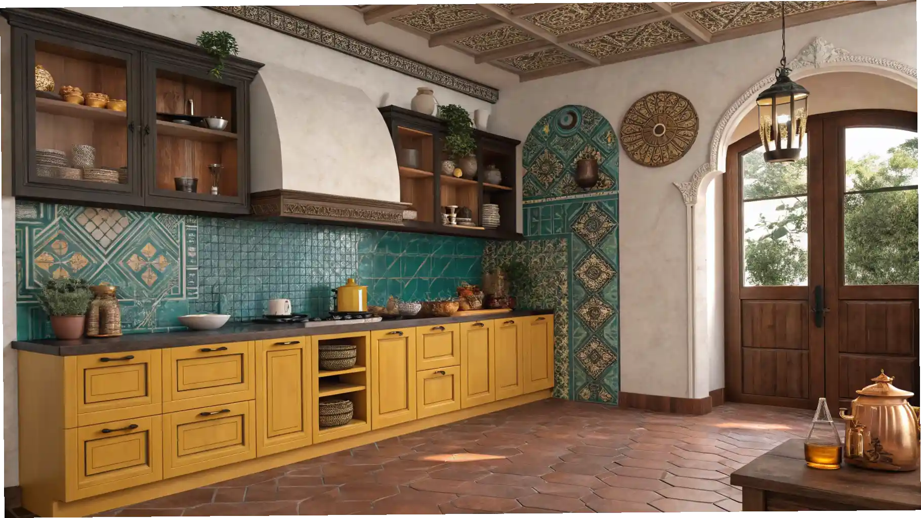 Mediterranean Sunshine: Earthy Yellow Cabinets with Teal Accents