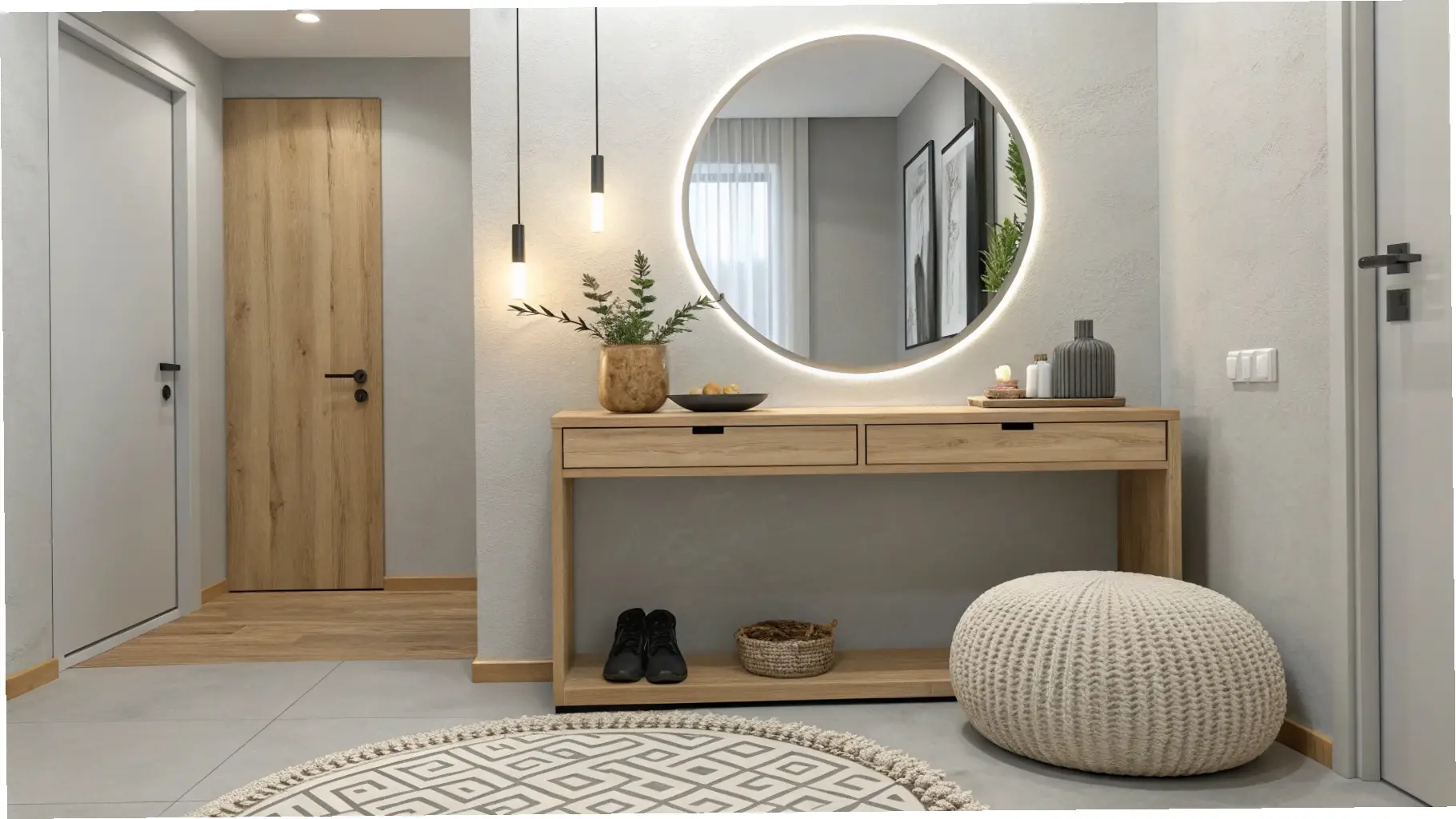 Minimalist Entryway with Warm Wood Accents
