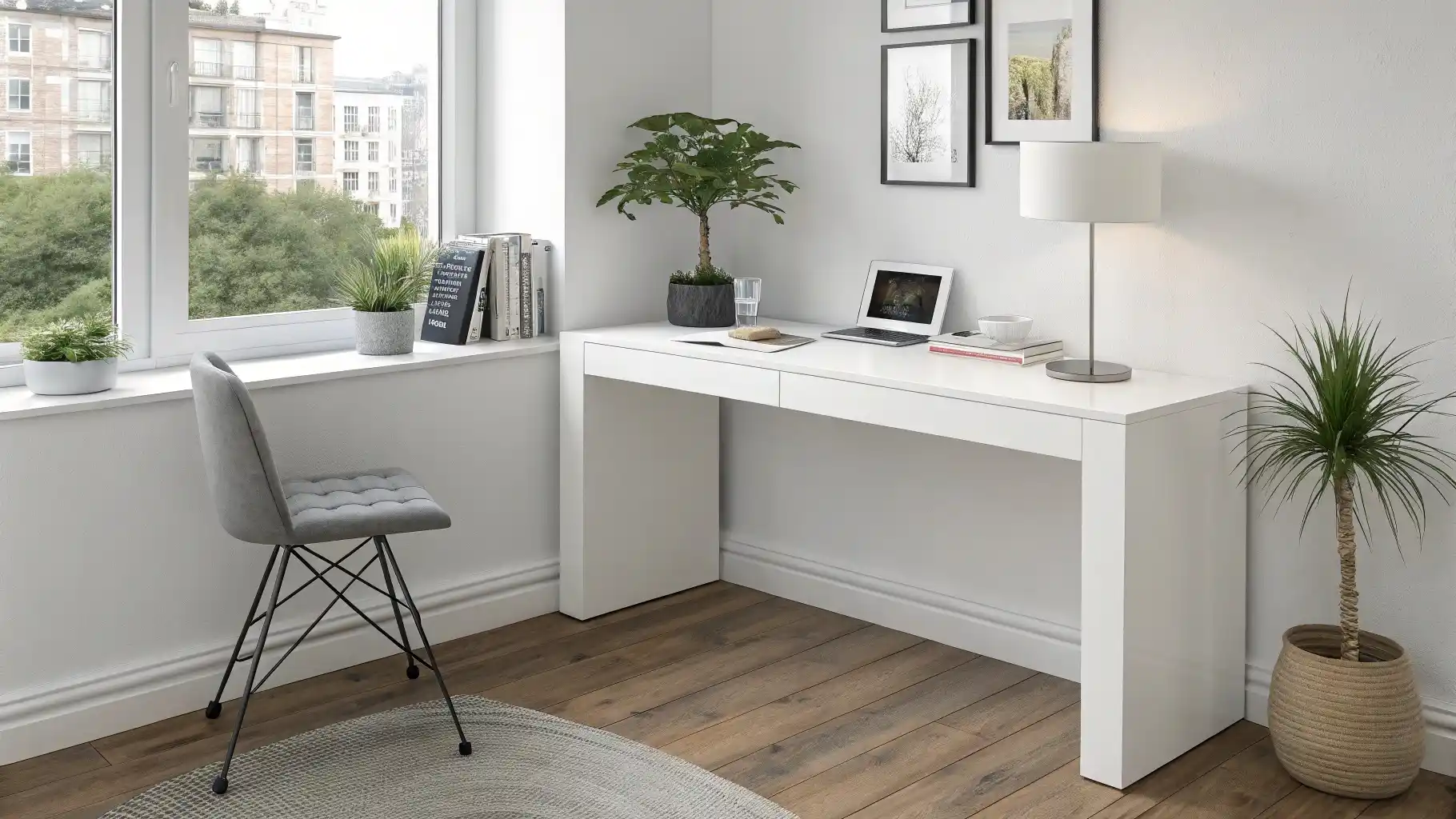 Minimalist White Corner Desk Console with Hidden Storage