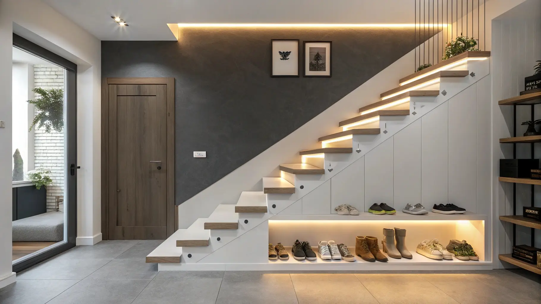 Modern Under-Stair Shoe Cabinet with LED Accent Lighting