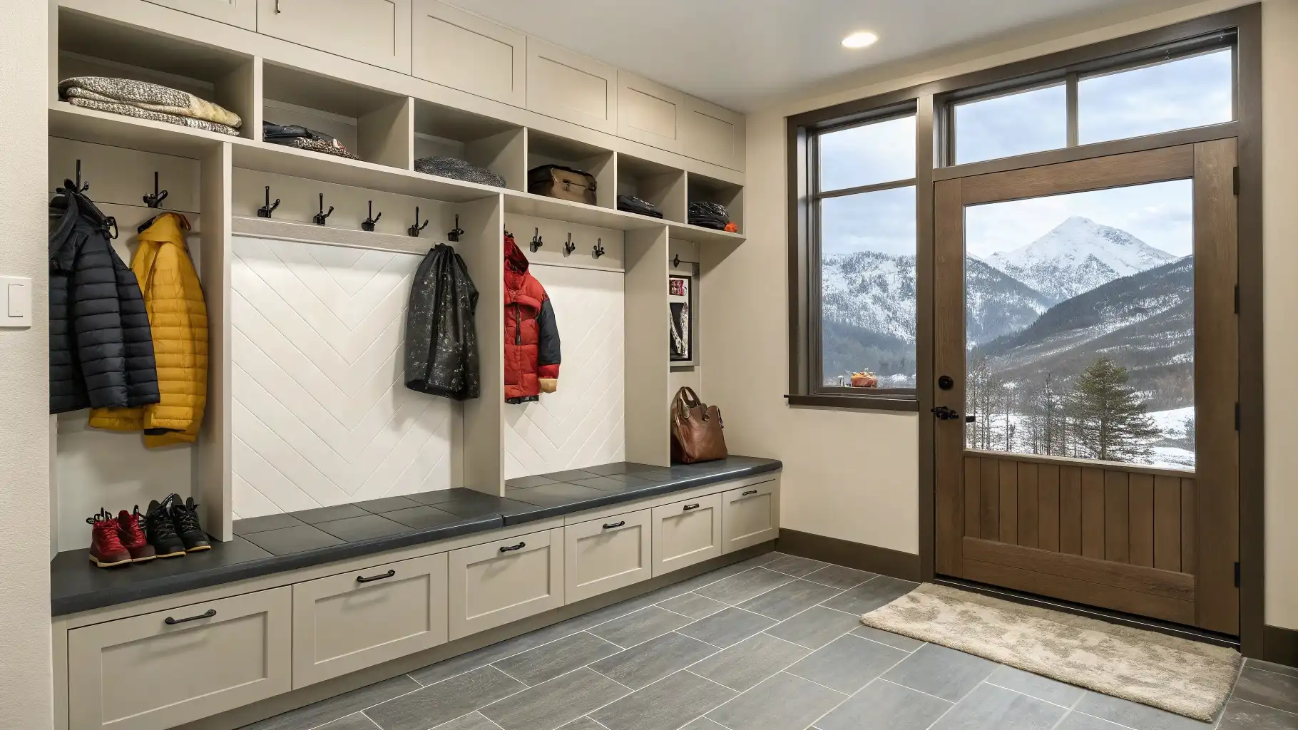 Organized Mudroom Entry with Mountain Vista