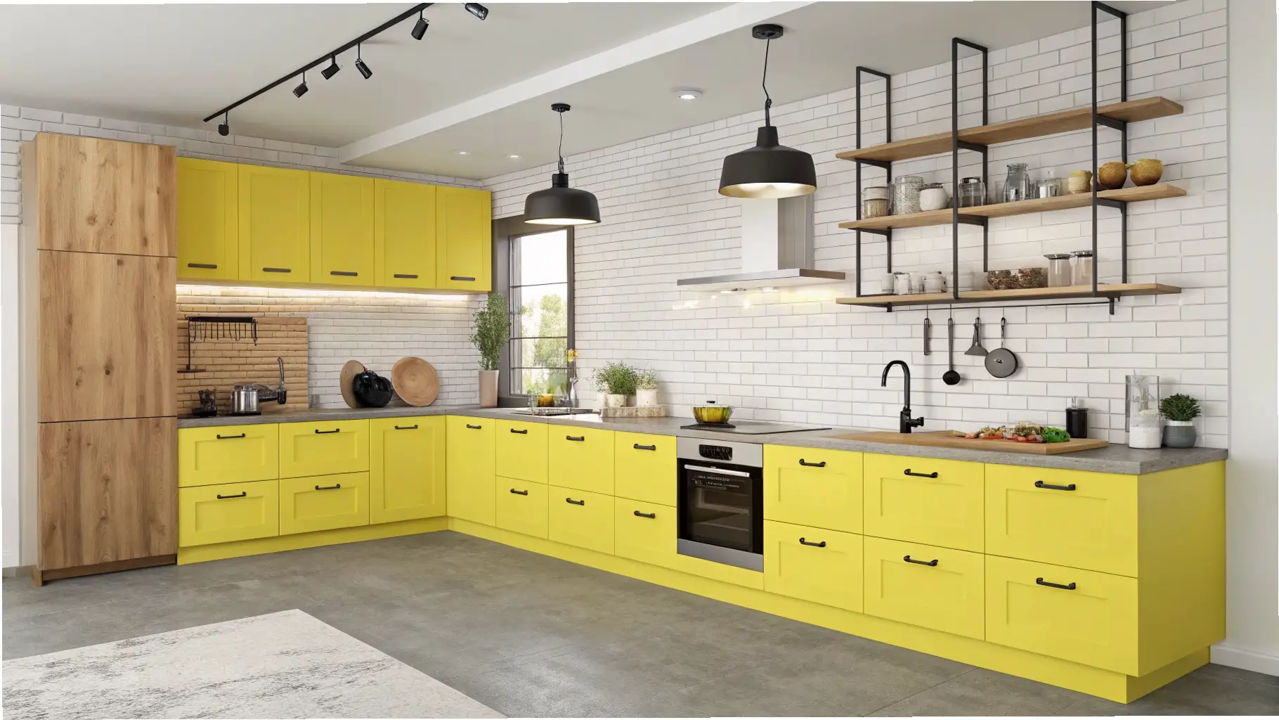 Playful Modernity: Sunny Yellow Cabinets with Natural Wood Accents